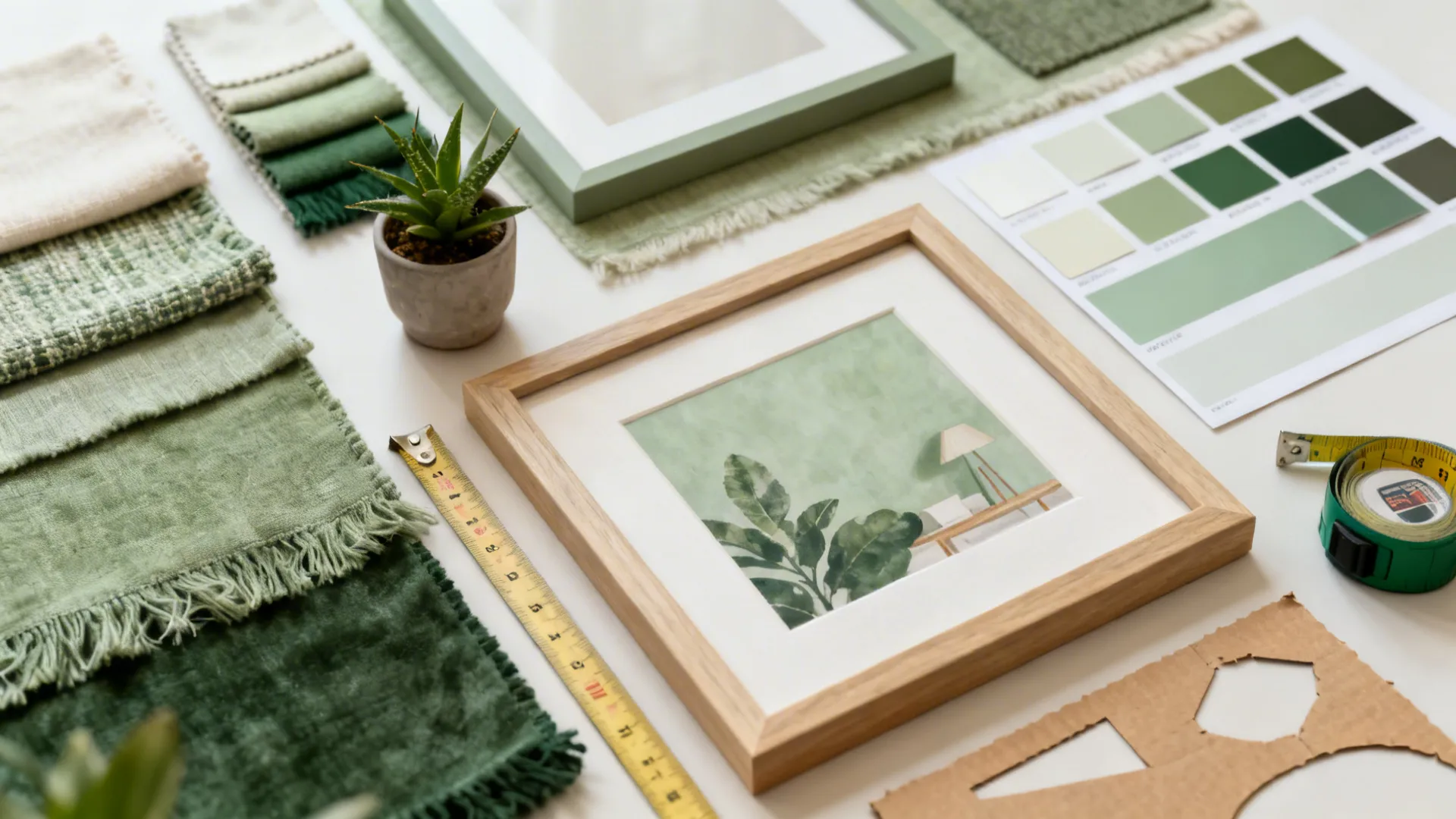 Flatlay of fabric swatches, frame samples, paint chips and kraft paper templates for planning wall art.