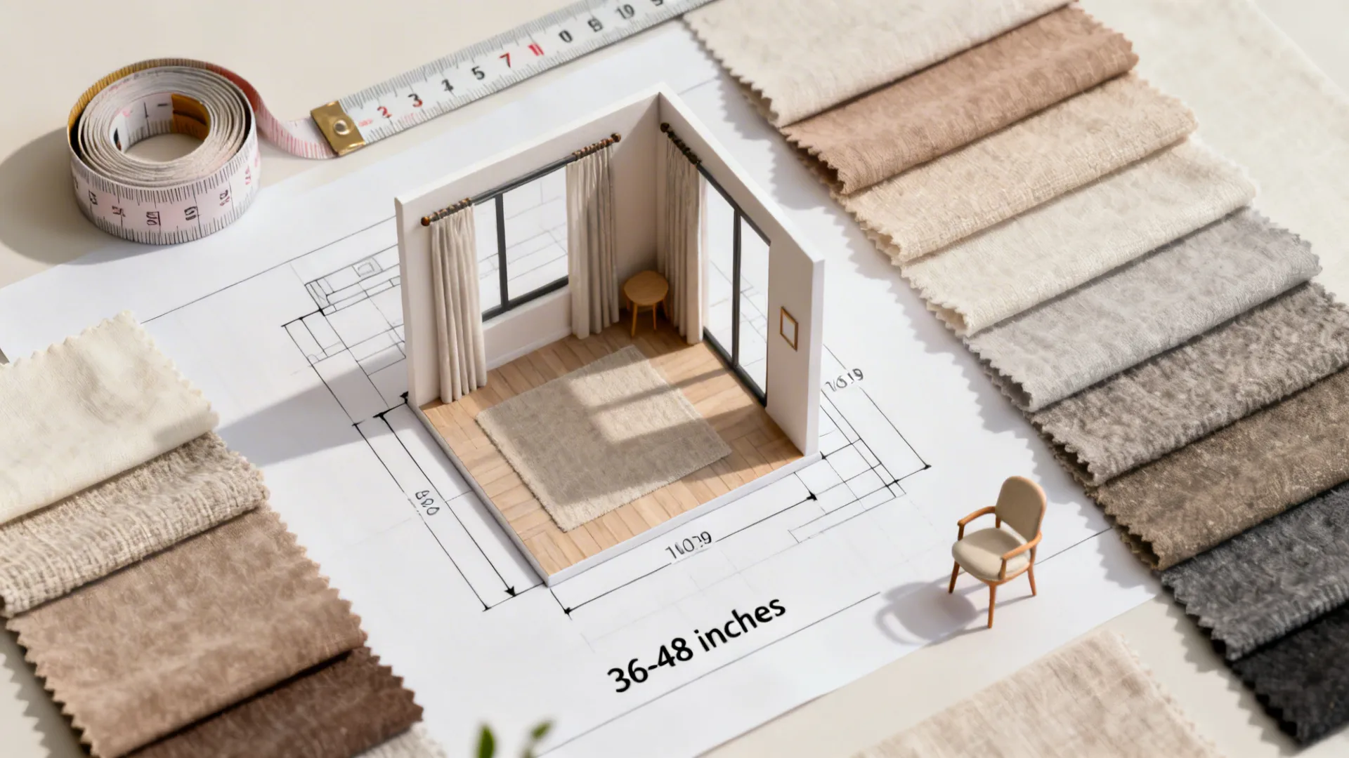 Miniature room model on paper floor plan with fabric samples and measuring tape on table