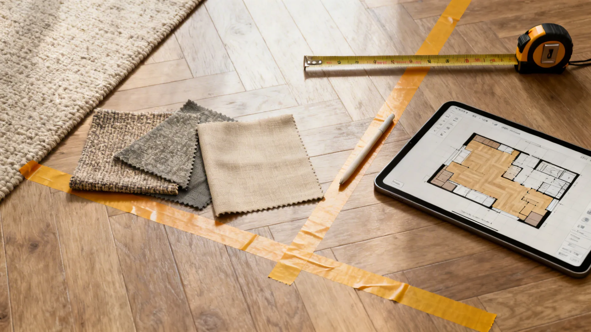 Fabric samples, yellow tape, measuring tape, and tablet showing floor plan on patterned wood floor