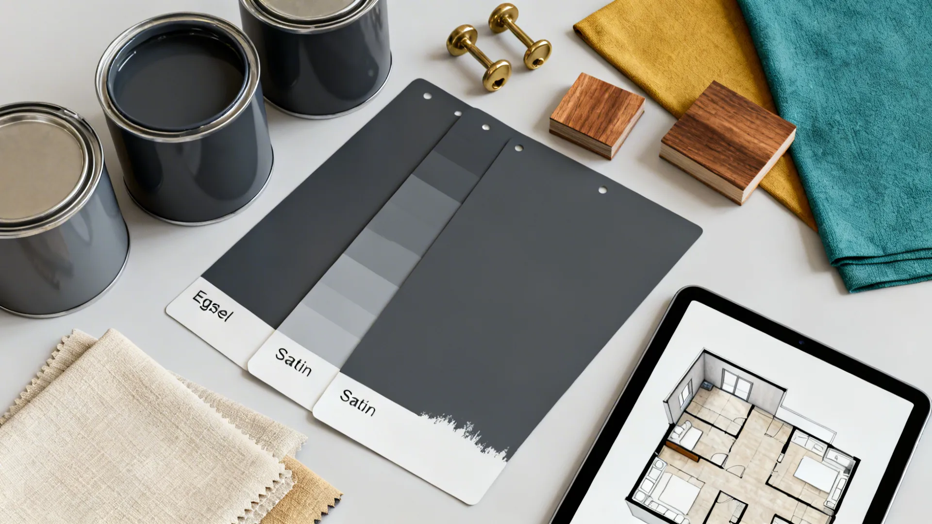 Flatlay of dark gray paint swatches, textiles, brass samples and a 3D planner on a tablet.
