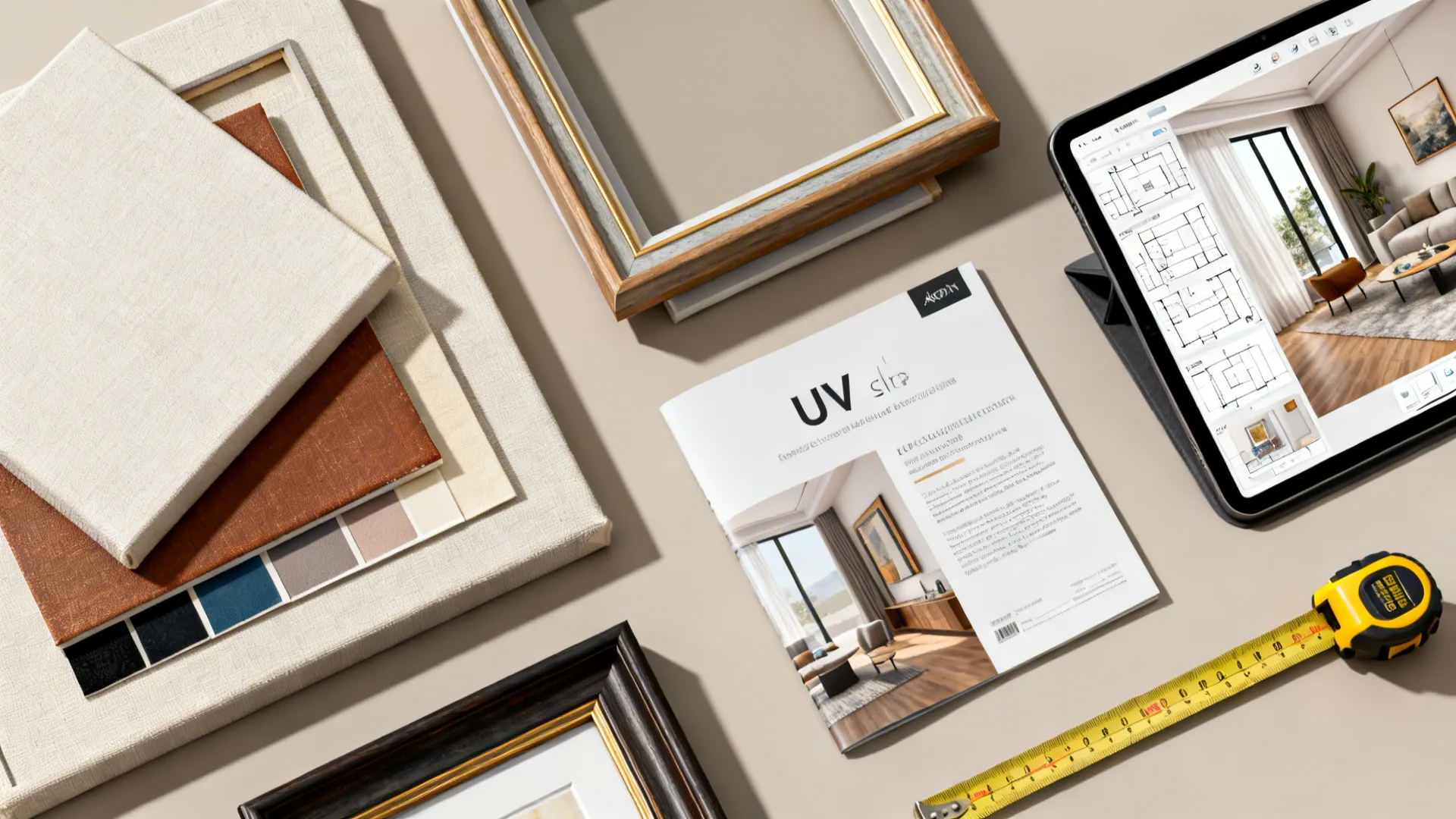 Flatlay of framing samples, UV glazing brochure, measuring tape and a tablet with a room planner.