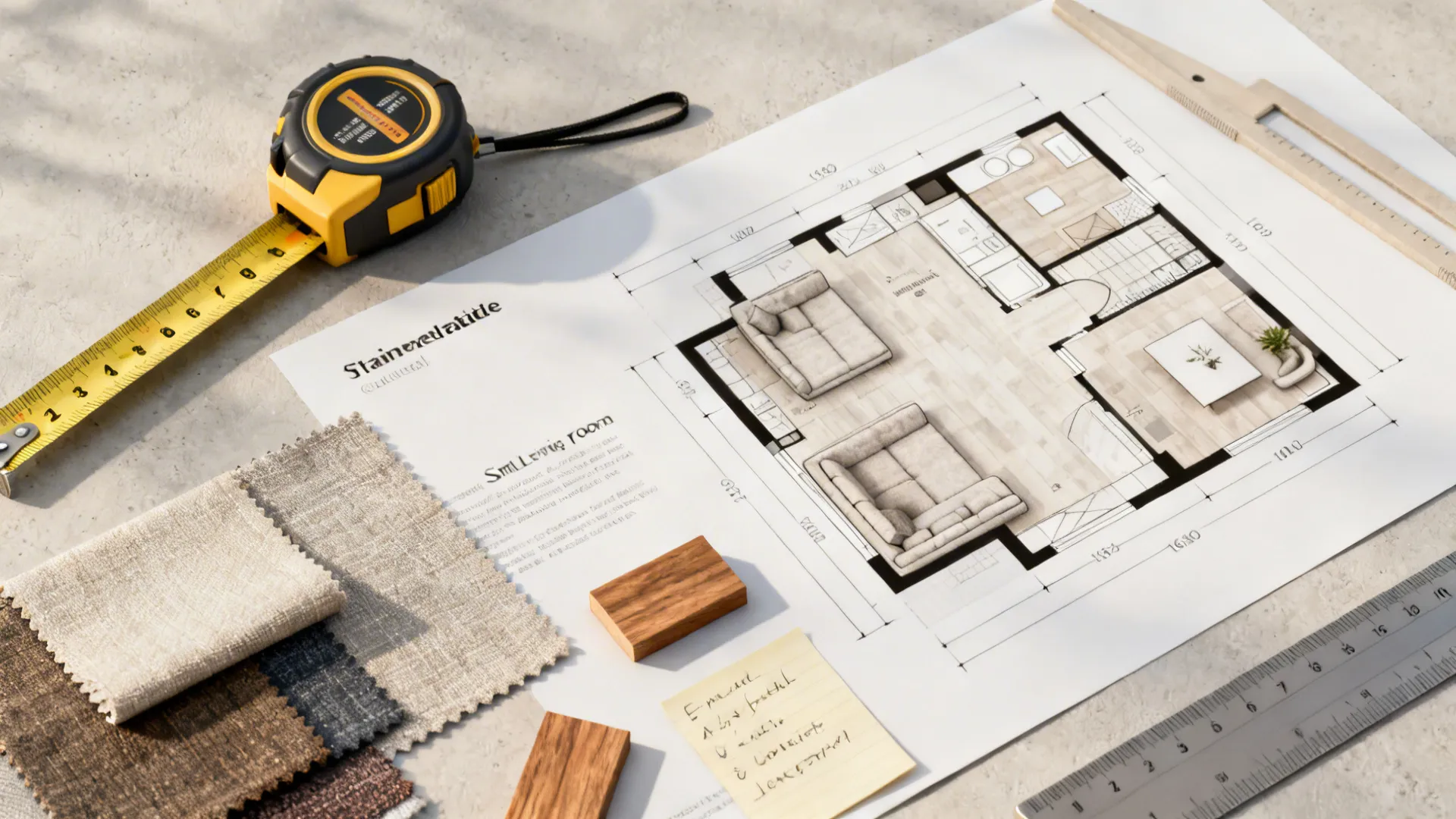 Flatlay of measurement tools, fabric swatches, and a small floor plan for living room planning