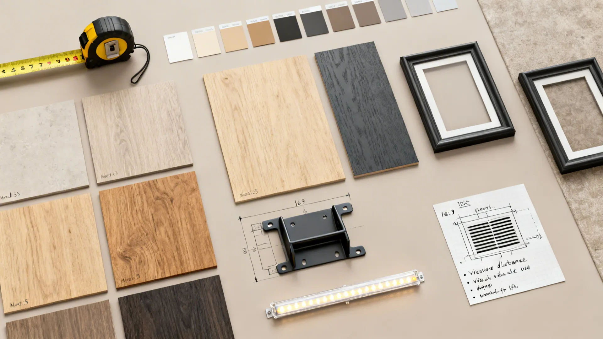 Flatlay of tools and swatches for planning TV placement, including tape measure and moodboard samples