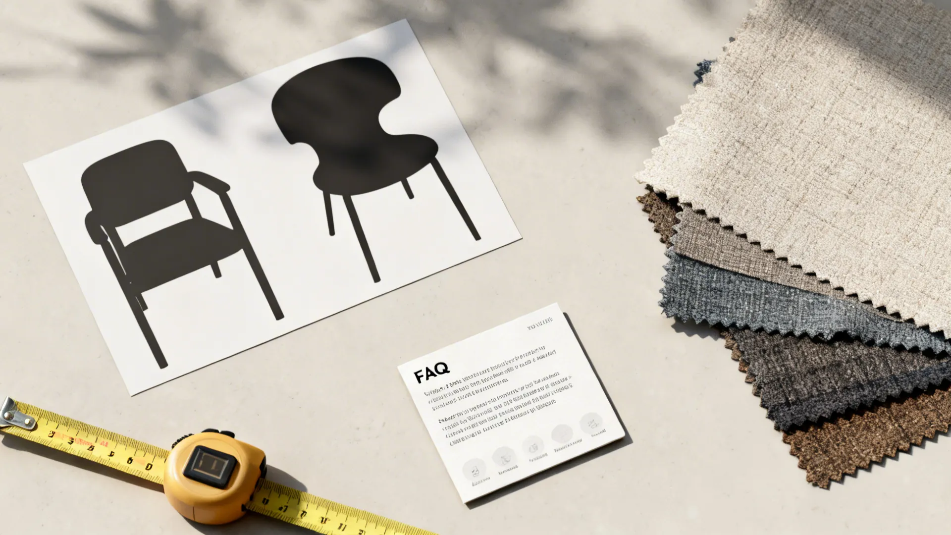 Flatlay of chair silhouettes, measuring tape and swatches for FAQ about chair selection