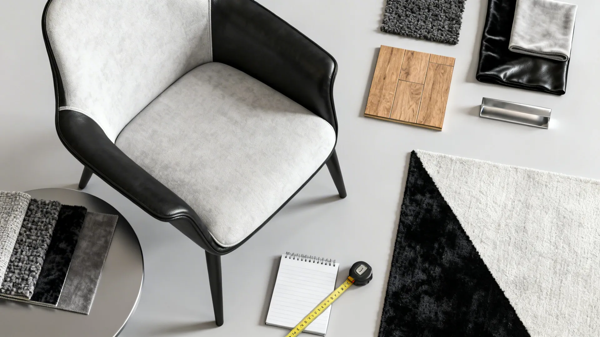 Top-down flatlay of fabric swatches, wood sample, and monochrome rug corner for chair planning.