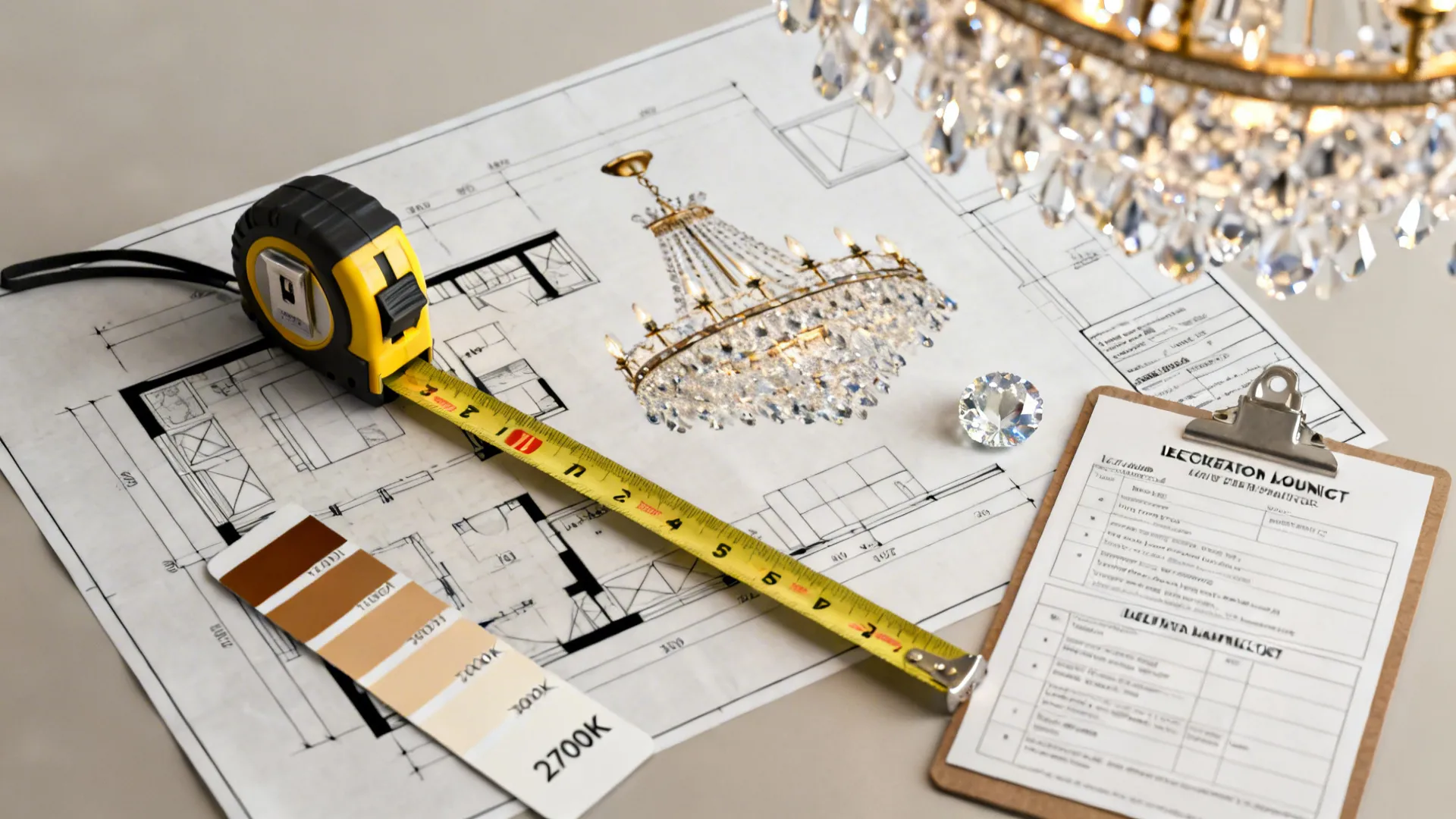 Flatlay of measuring tools, light temperature swatches and crystal sample for choosing a chandelier.