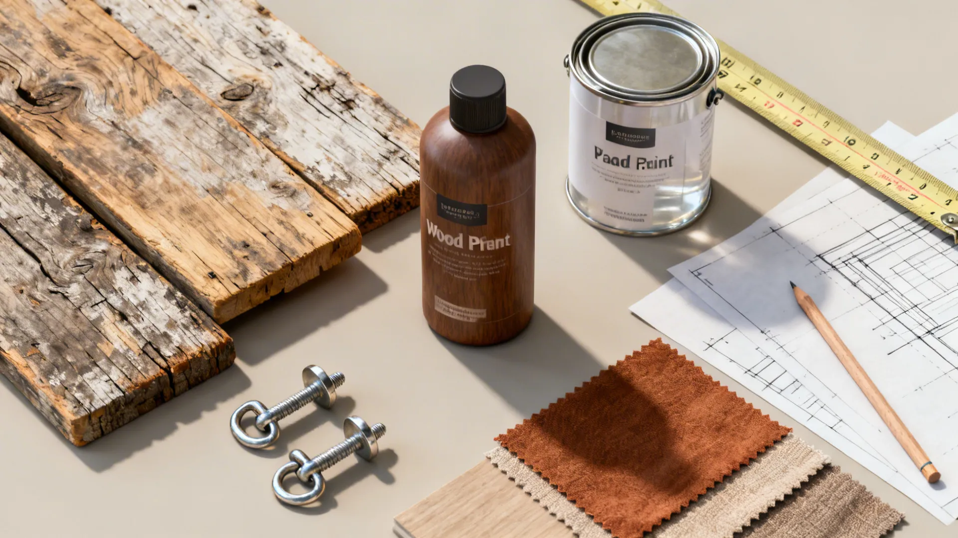 Flat lay of wood planks, paint can, fabric swatches, and interior design drawing with pencil