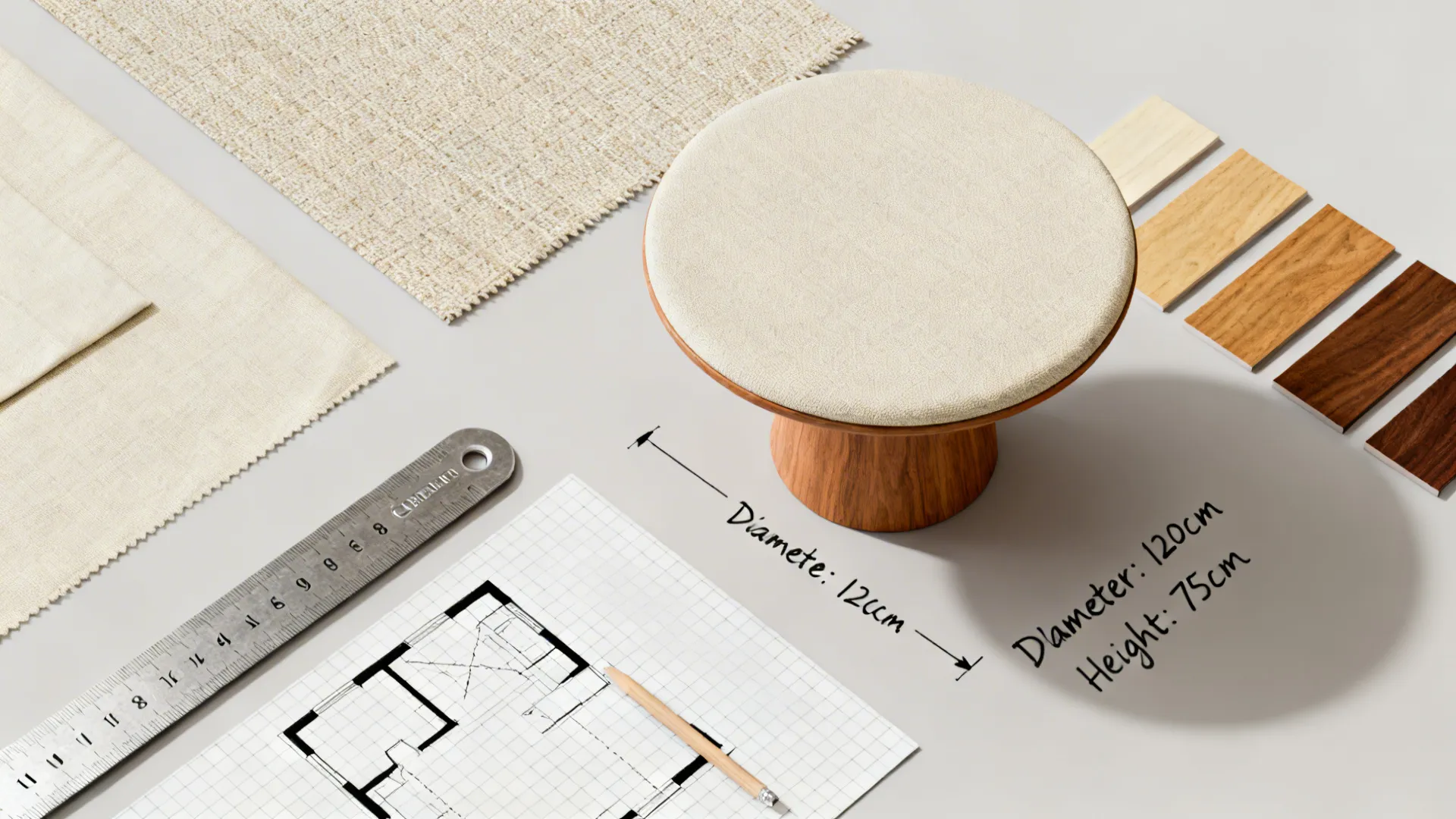 Flatlay of planning tools and material swatches for small dining design including tape measure and floorplan