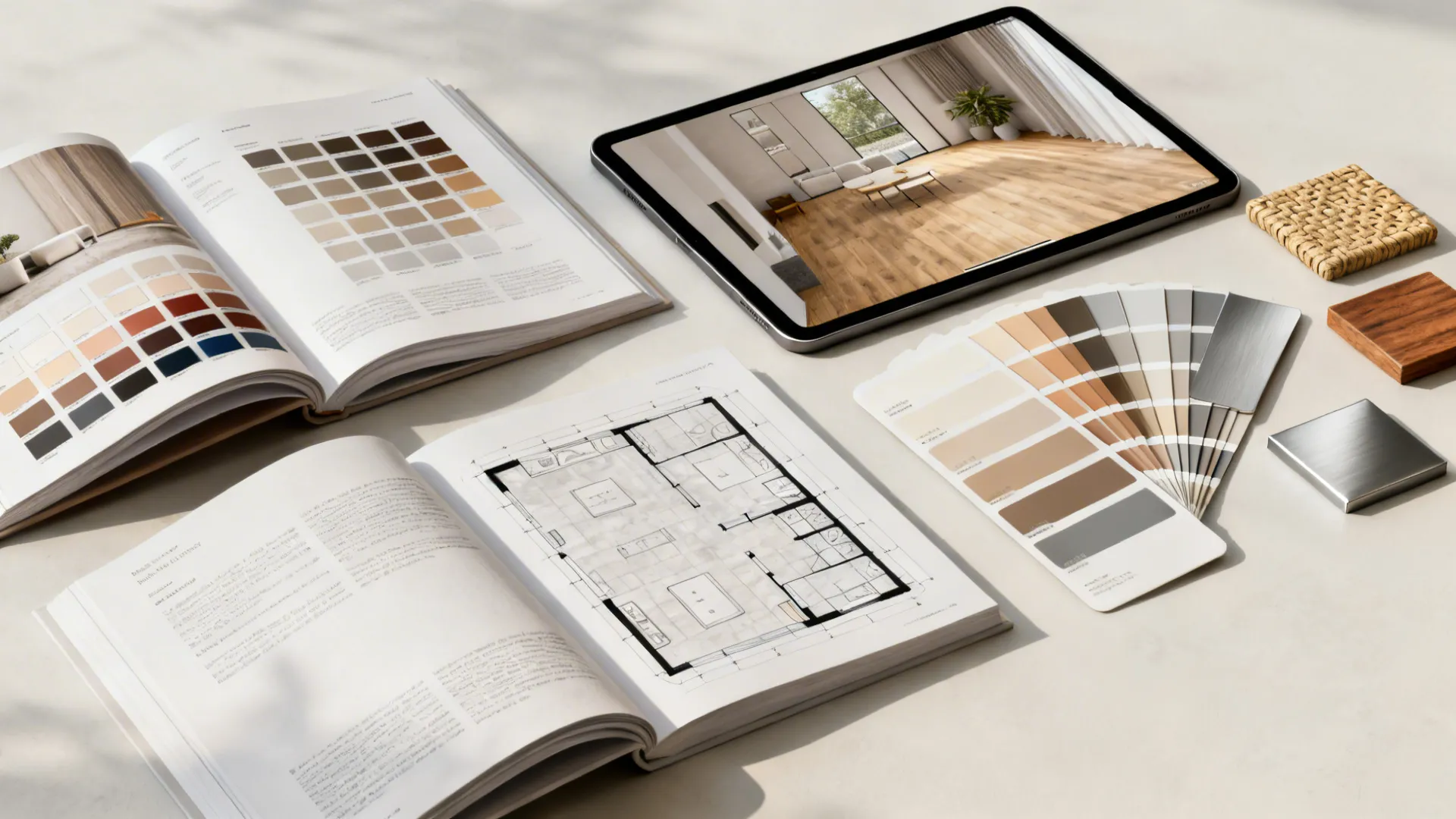 Flatlay of design books, a tablet showing a 3D planner, paint swatches and material samples for farmhouse wall decor