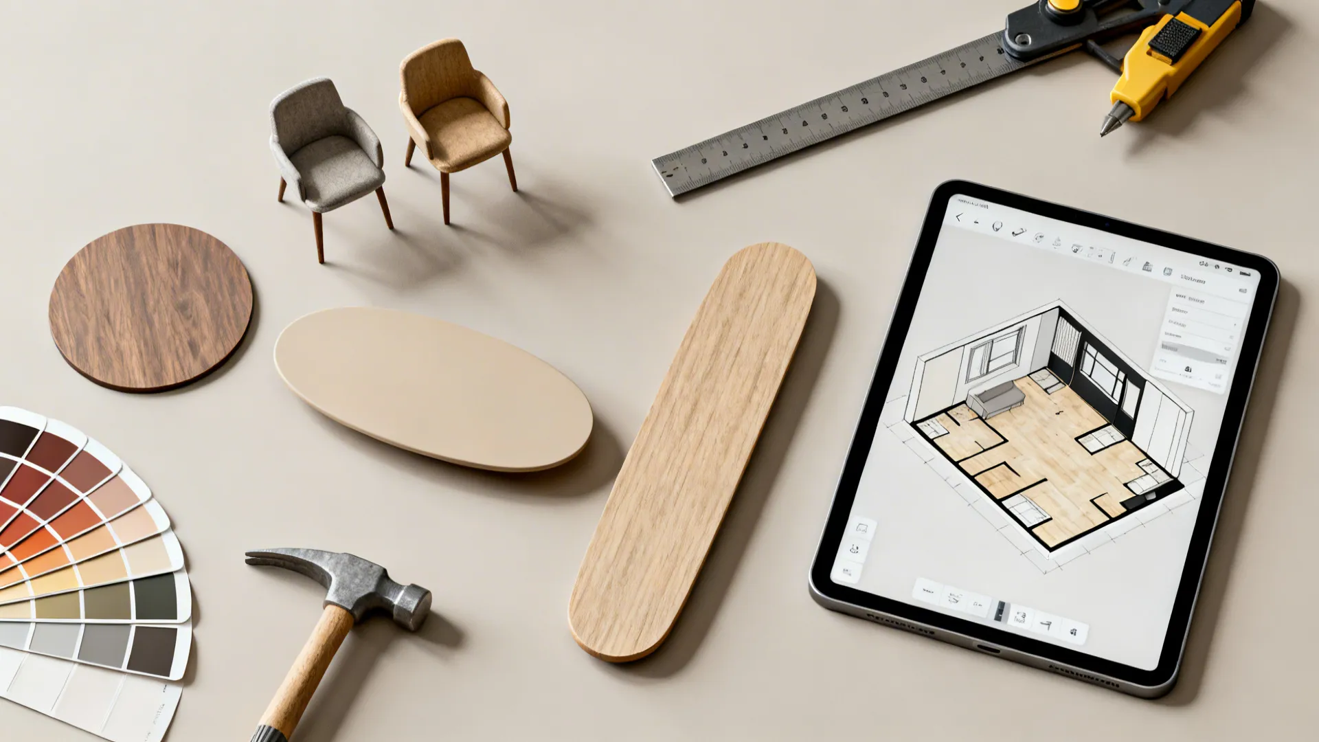 Flatlay of measurement tools, chair models, table shape samples and a tablet with a 3D planner
