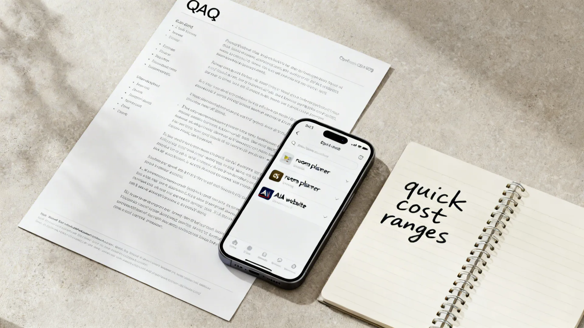 Smartphone showing a room planner app next to a notebook with quick cost ranges text