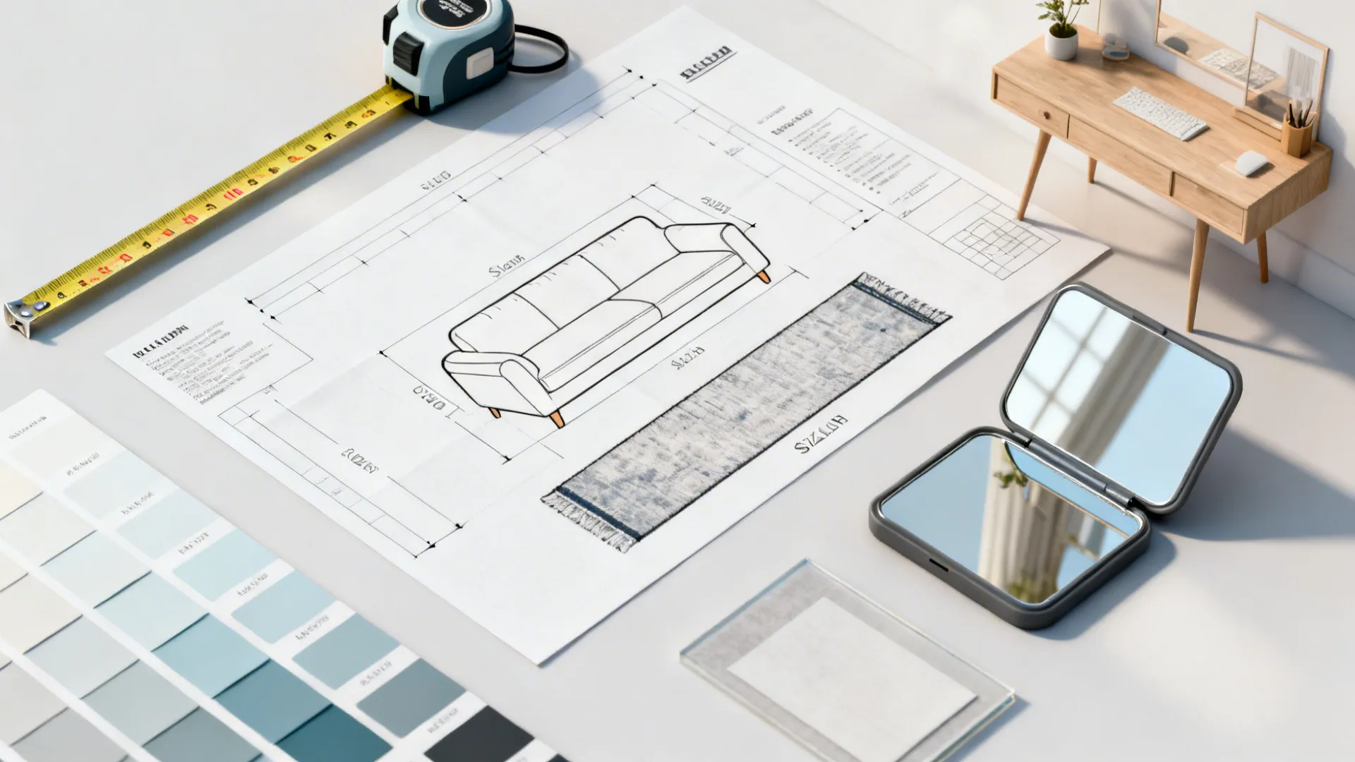 Furniture interior design drawing with tape measure color swatches mirror and miniature wooden desk model