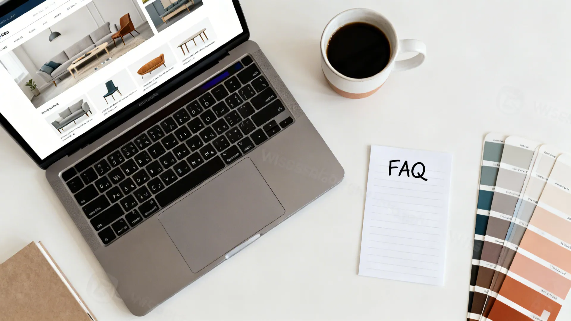Flatlay of laptop, notes, and swatches representing furniture shopping FAQs