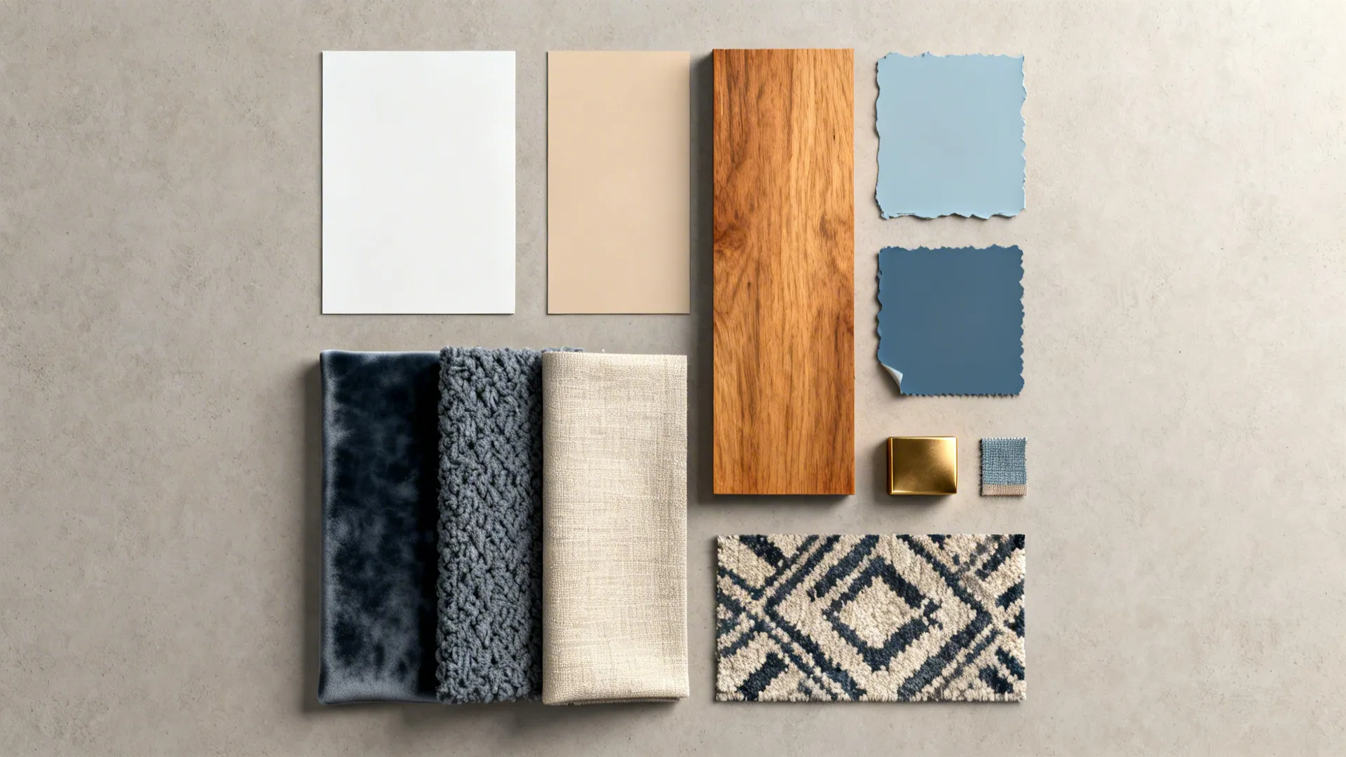 Material flatlay of paint chips, wood samples and textiles for a gray sofa palette