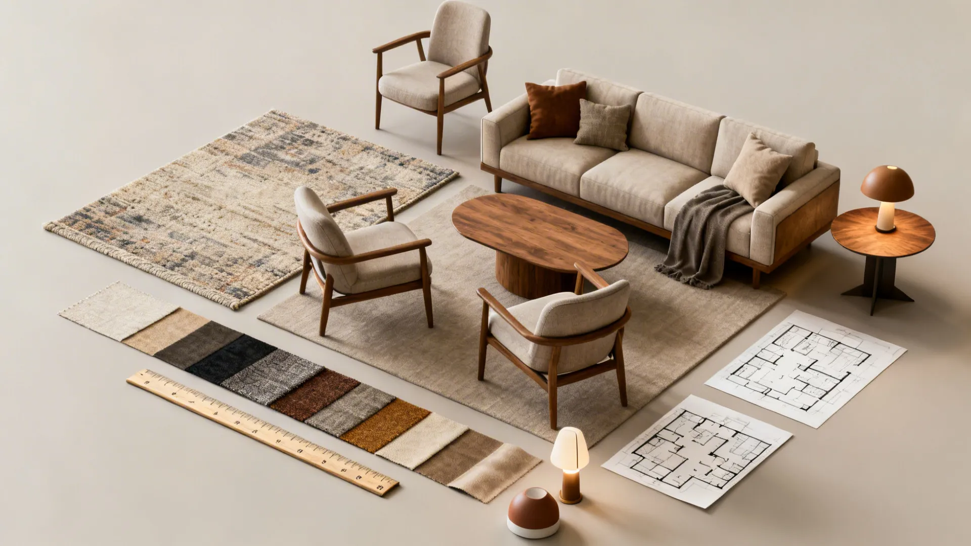 Furniture layout with beige sofa chairs table rug fabric samples and two room layout drawings