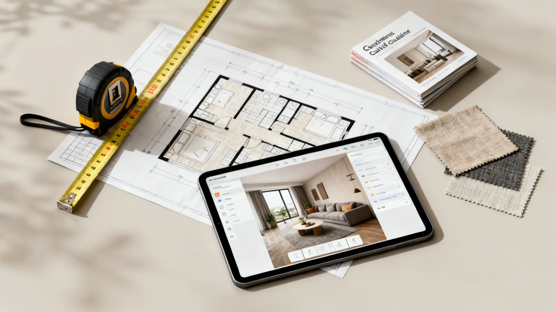 Flatlay of measuring tape, floor plan and a tablet with a 3D planner illustrating quick layout testing and planning.