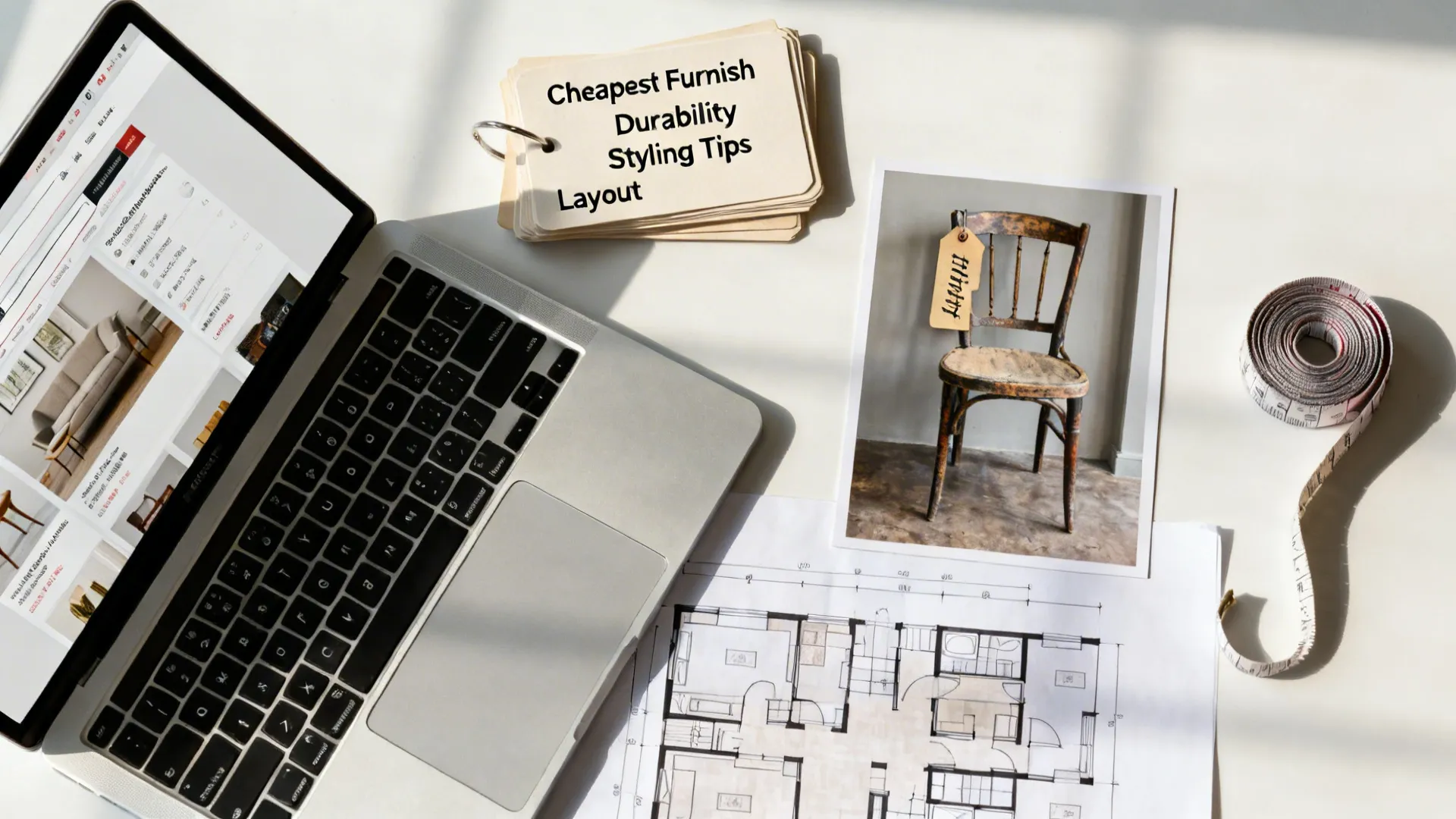 Flatlay of tools and notes illustrating FAQs about furnishing a budget living room.