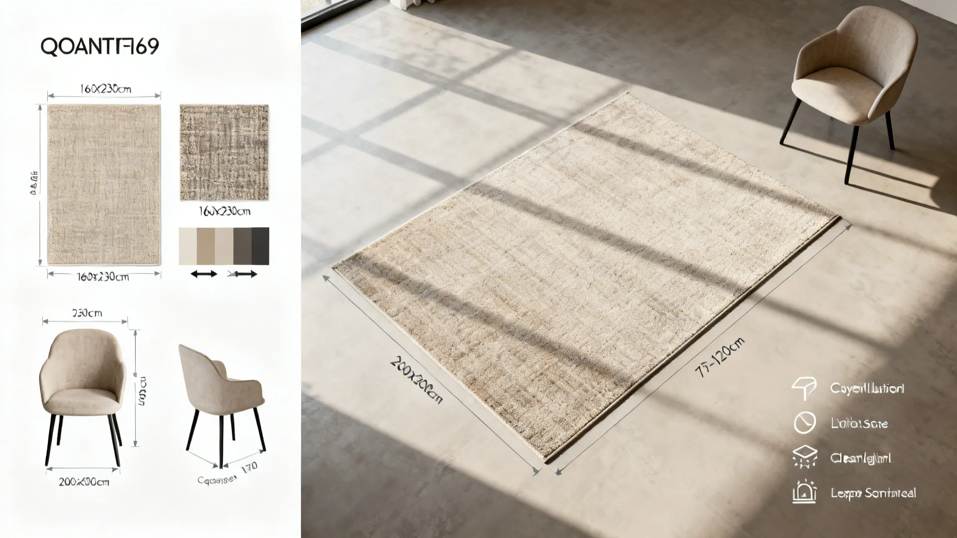 Top-down flatlay showing rug sizes, chair scale comparisons, and circulation diagrams for FAQs.