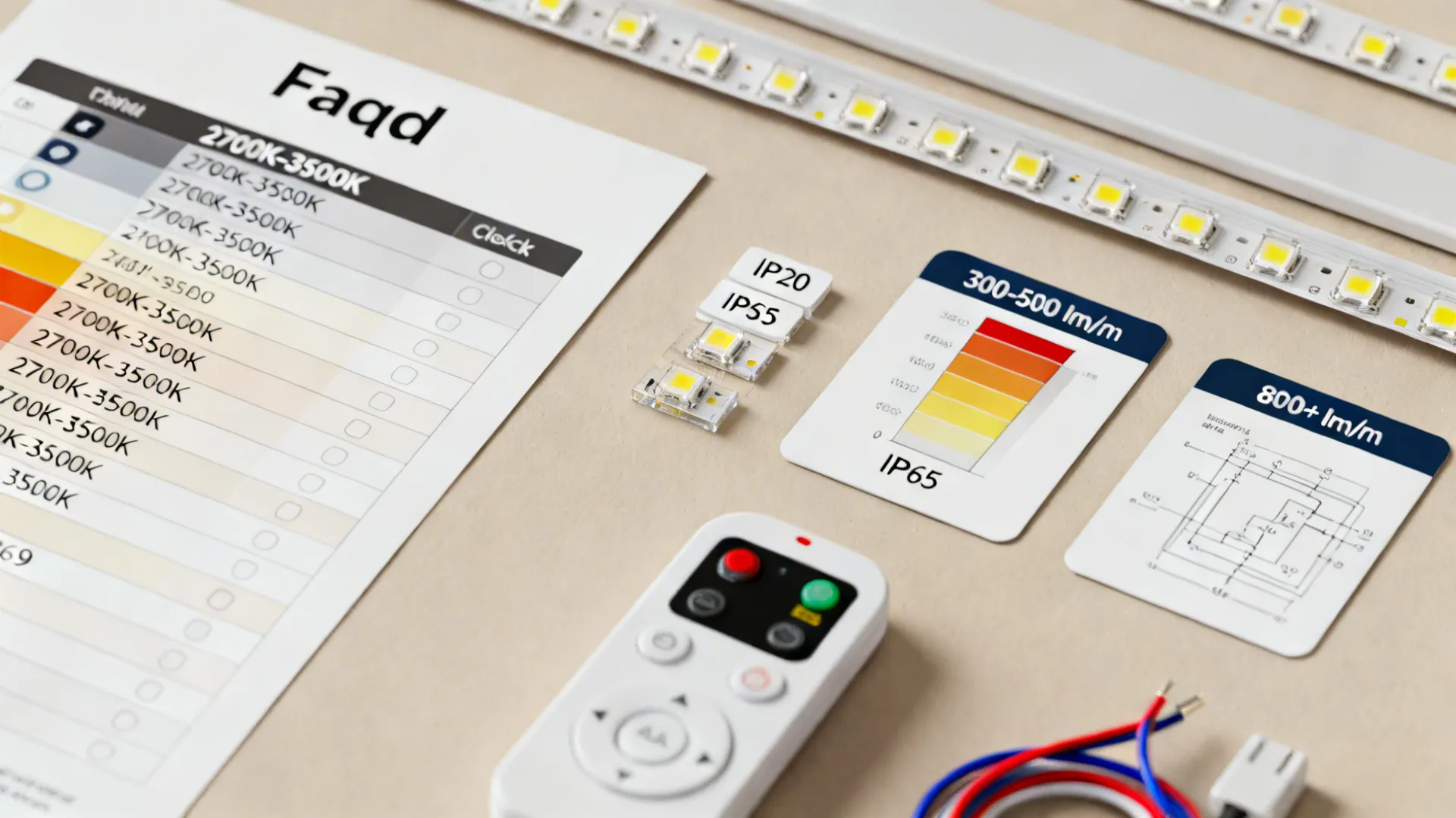 Flatlay showing LED strip samples, color temp cards, lumen guides and controller for FAQ reference.