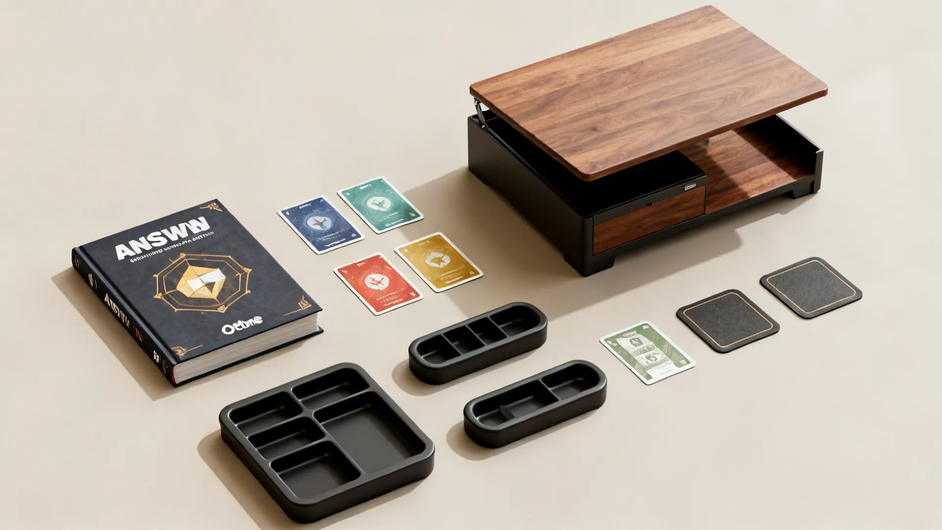 Flatlay of game accessories and a lift-top coffee table model illustrating FAQ tips for small living room game setups.