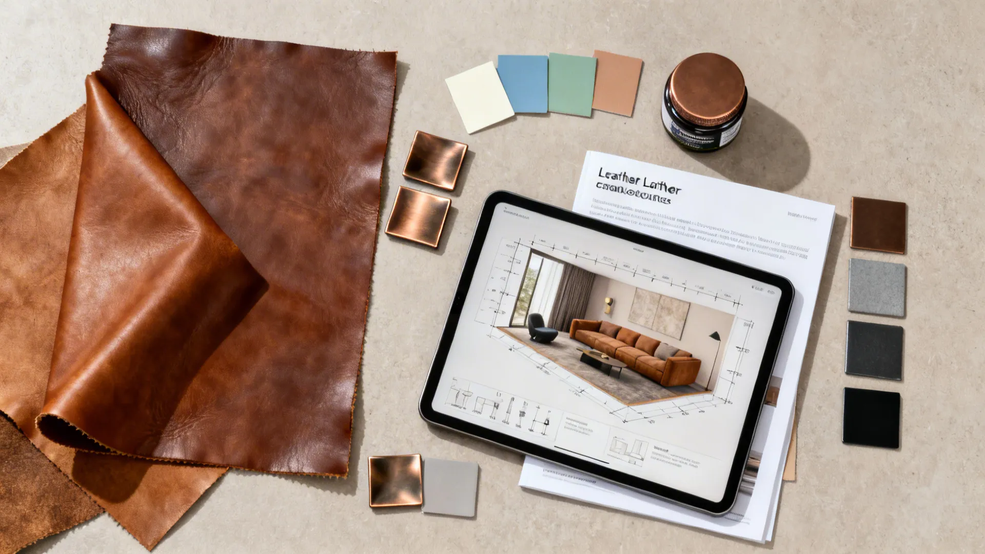 Flatlay of leather swatches, color chips, metal samples and a 3D planner mockup.