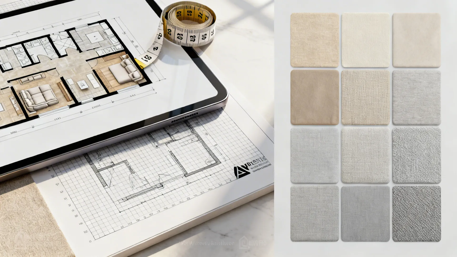 Flatlay of measuring tools, tablet floor plan, and fabric swatches for testing sectional scale