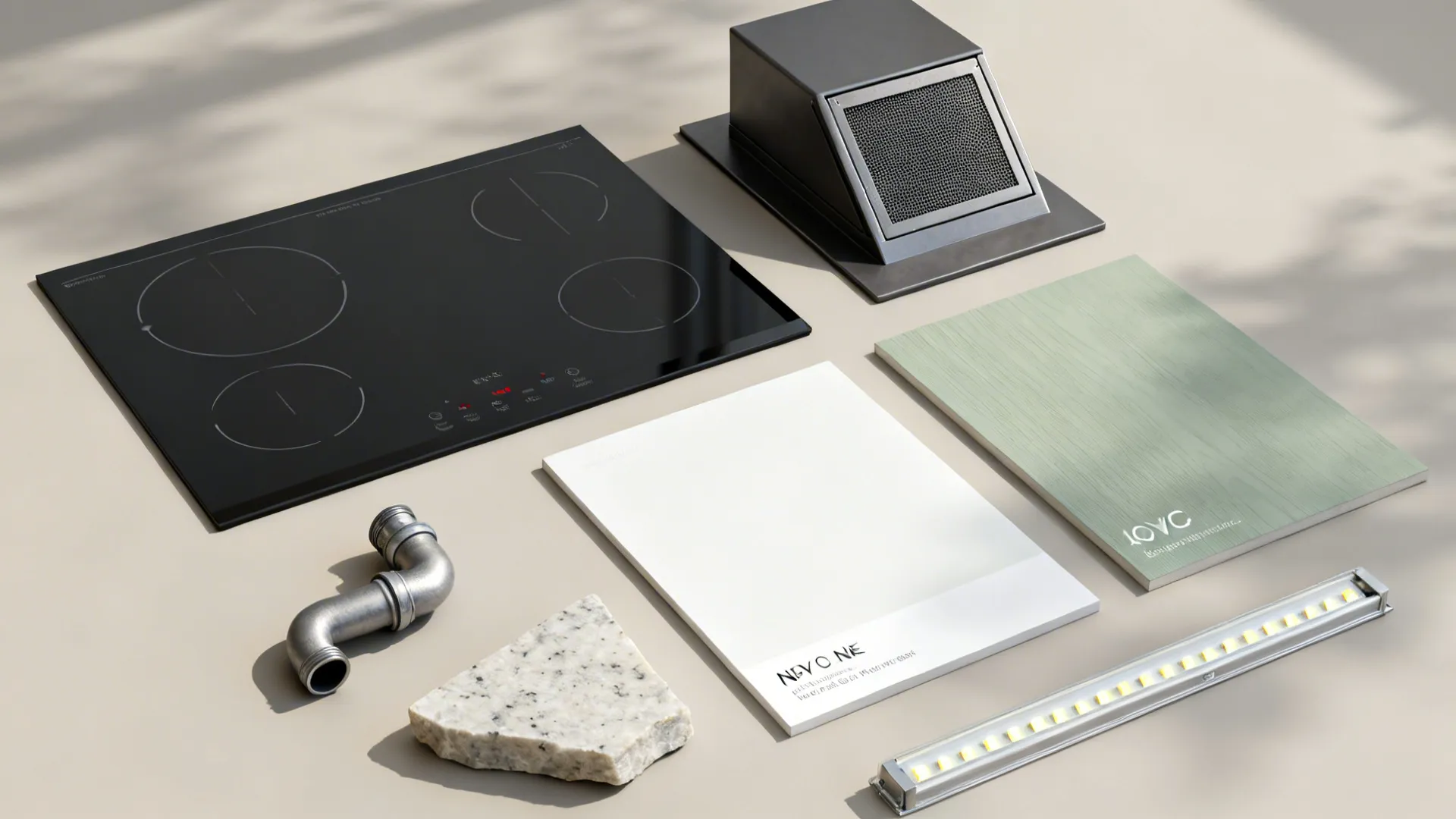 Flat lay of induction panel, chimney filter, paint and laminate swatches, quartz, LED strip, and P-trap.