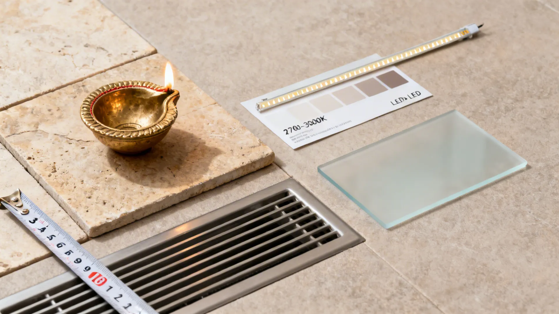 Flat lay with brass diya, stone tile, LED strip, frosted film, vent grille, and a buffer measurement.