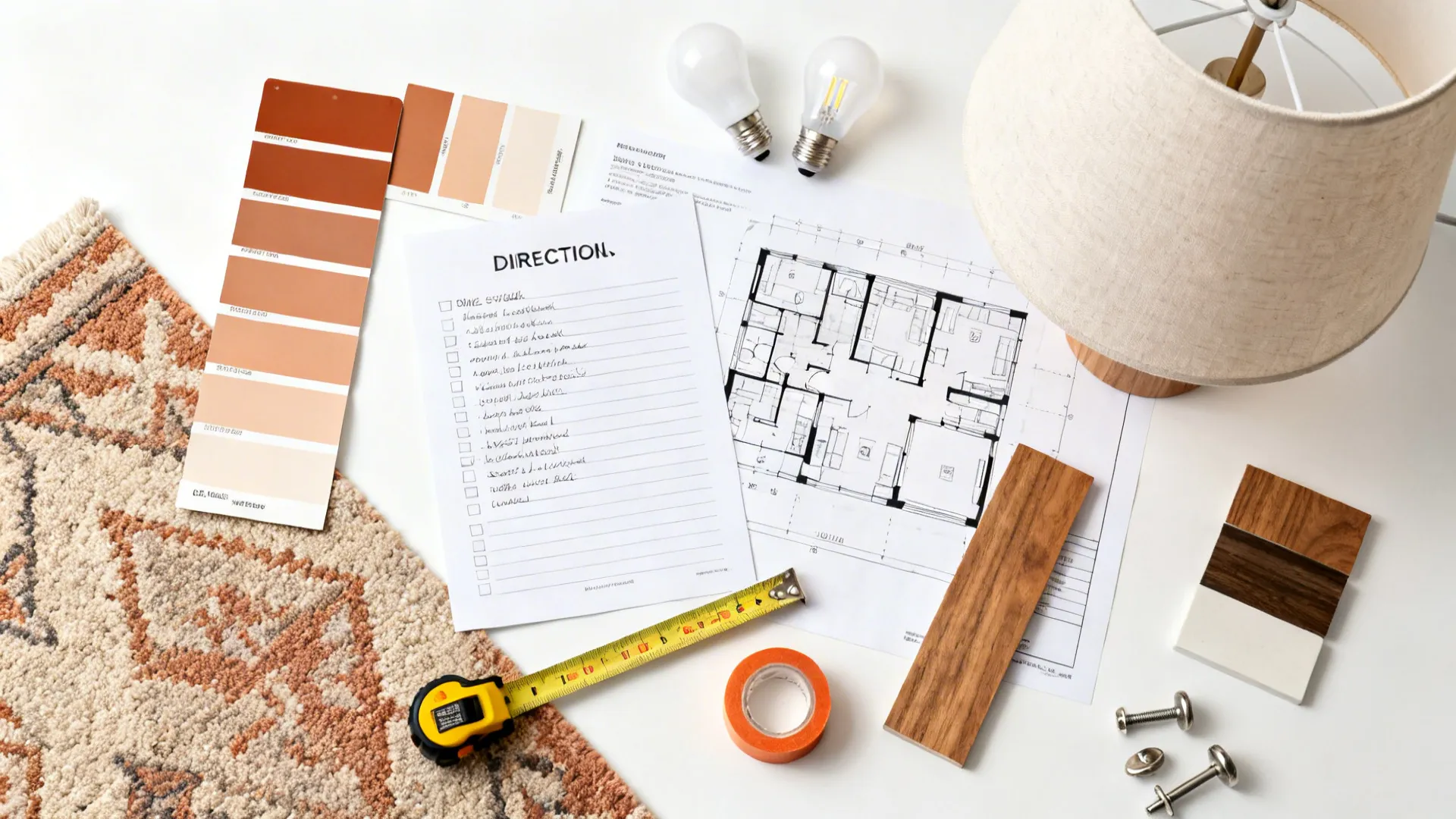 Top-down set with paint chips, measuring tape, floor plan, LED bulbs, a linen shade, rug markers, and finish samples.