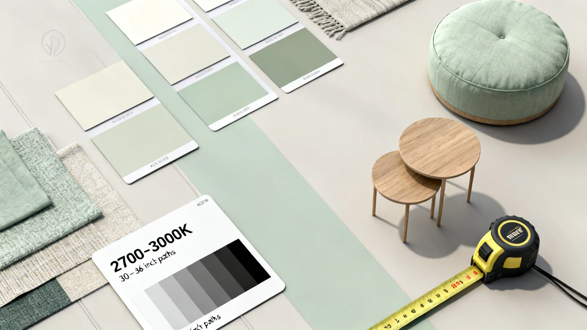 Flatlay with neutral color chips, texture swatches, mini furniture models, and lighting temperature references.