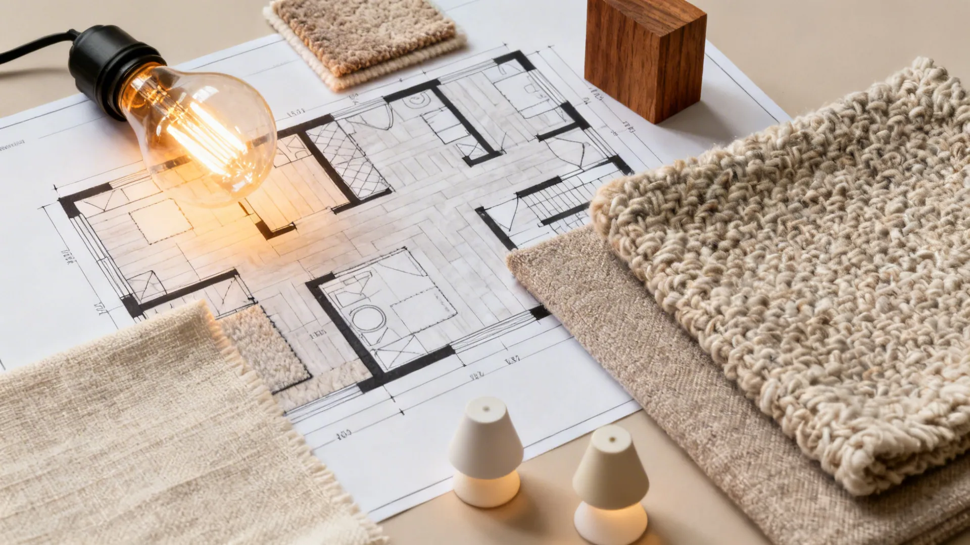 Flat lay with plan elements, rug and fabric swatches, and warm LED samples for large living rooms.