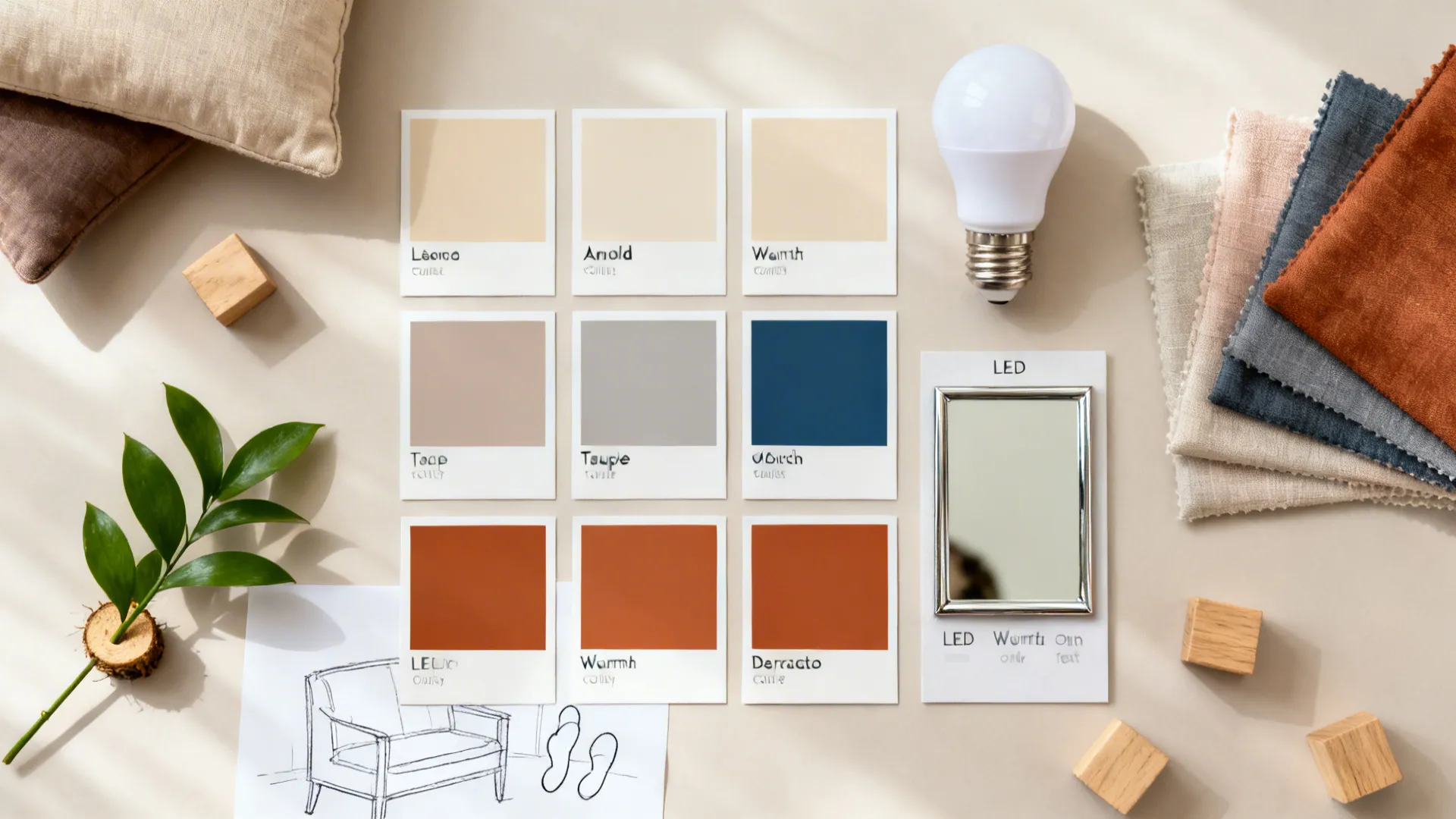 Flat lay of neutral and accent swatches, warm LEDs, cushion fabrics, and plant cutting for FAQs.