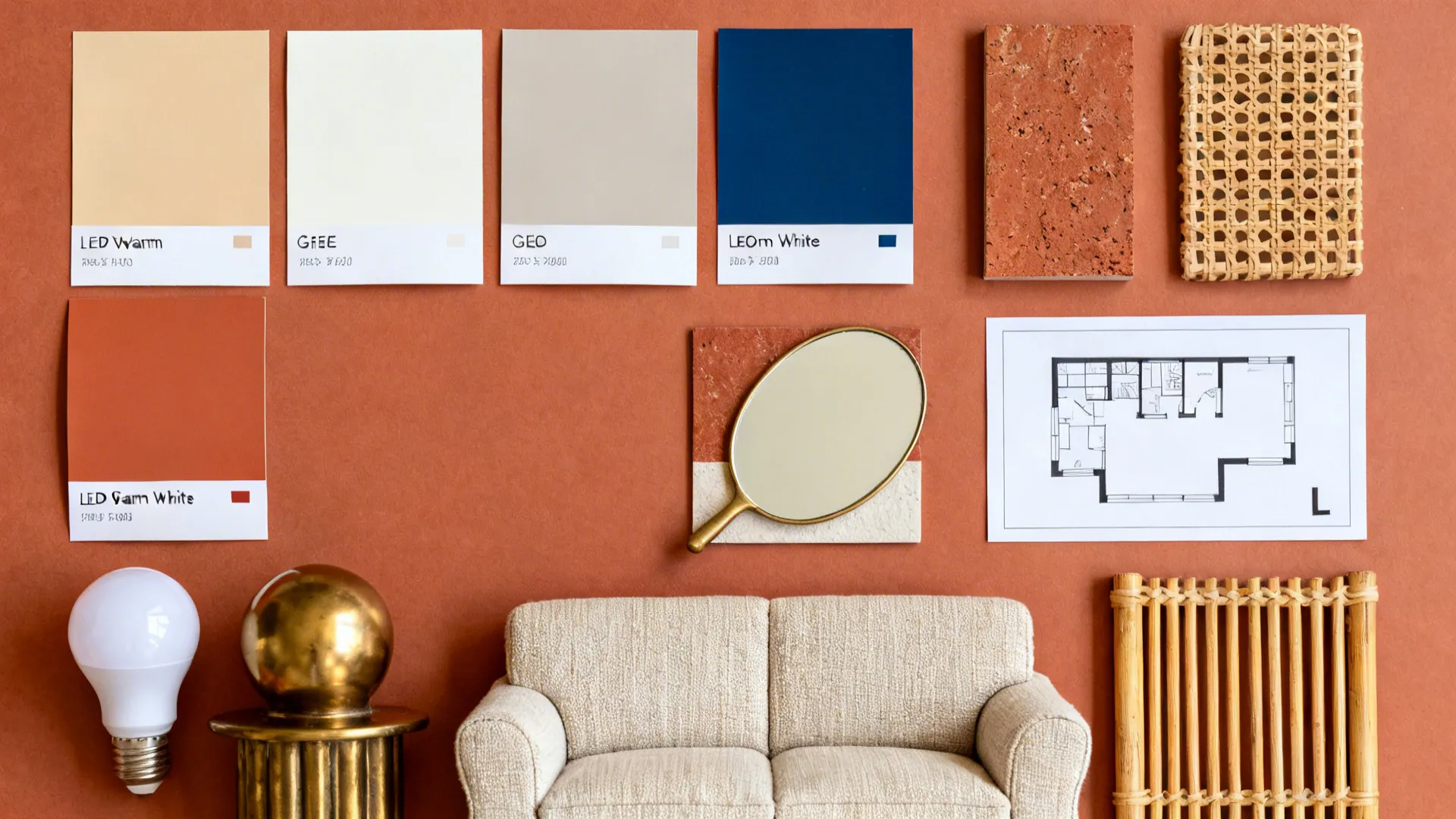 Flat lay of warm neutral paint chips, terracotta and indigo accents, lighting, and layout cues
