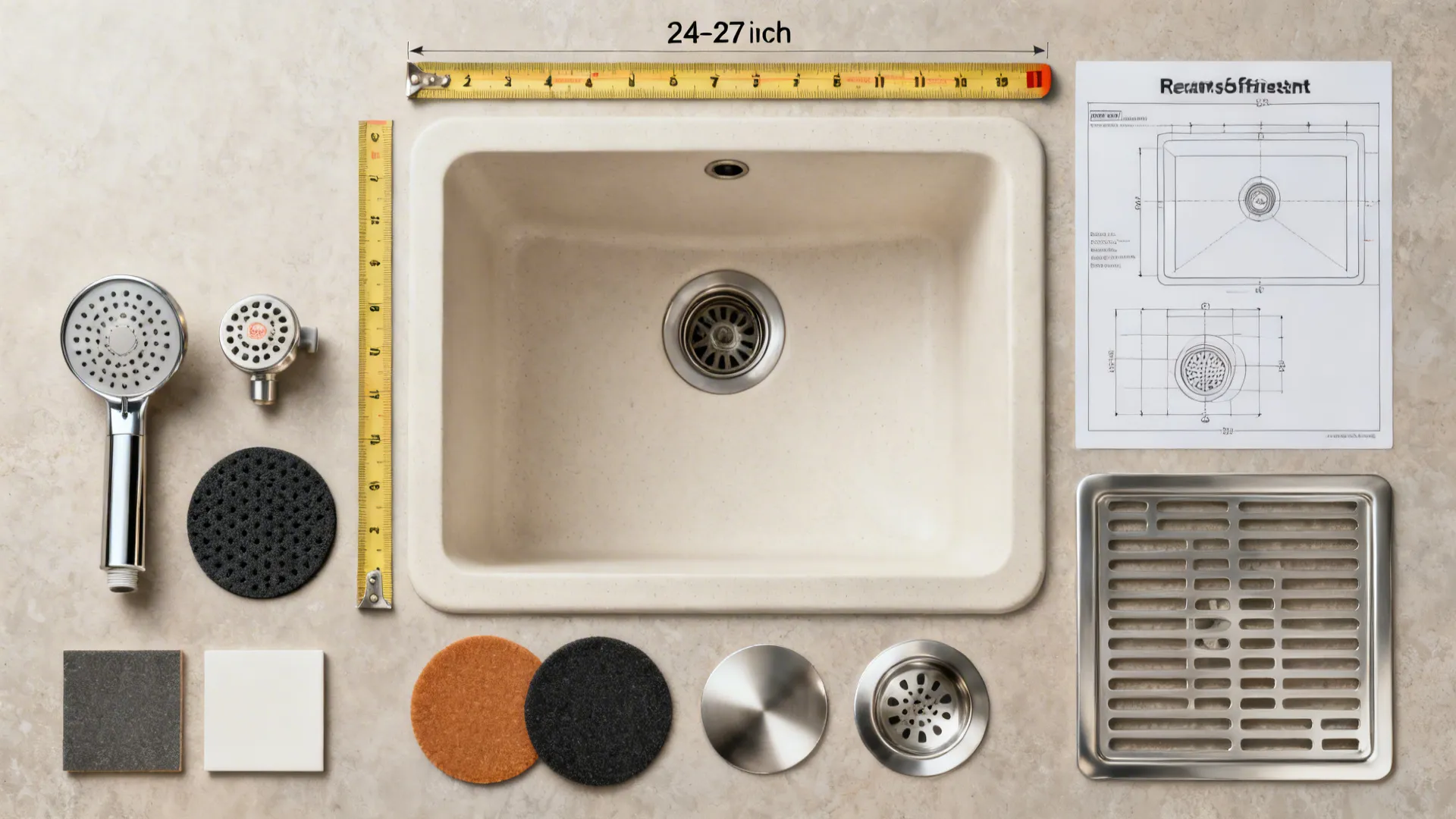 White kitchen sink surrounded by measuring tapes shower head drain covers and technical product design drawings