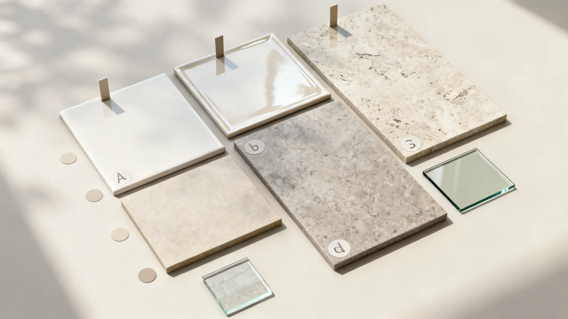 Material samples including white tiles stone slabs and glass with labels under natural leaf shadows