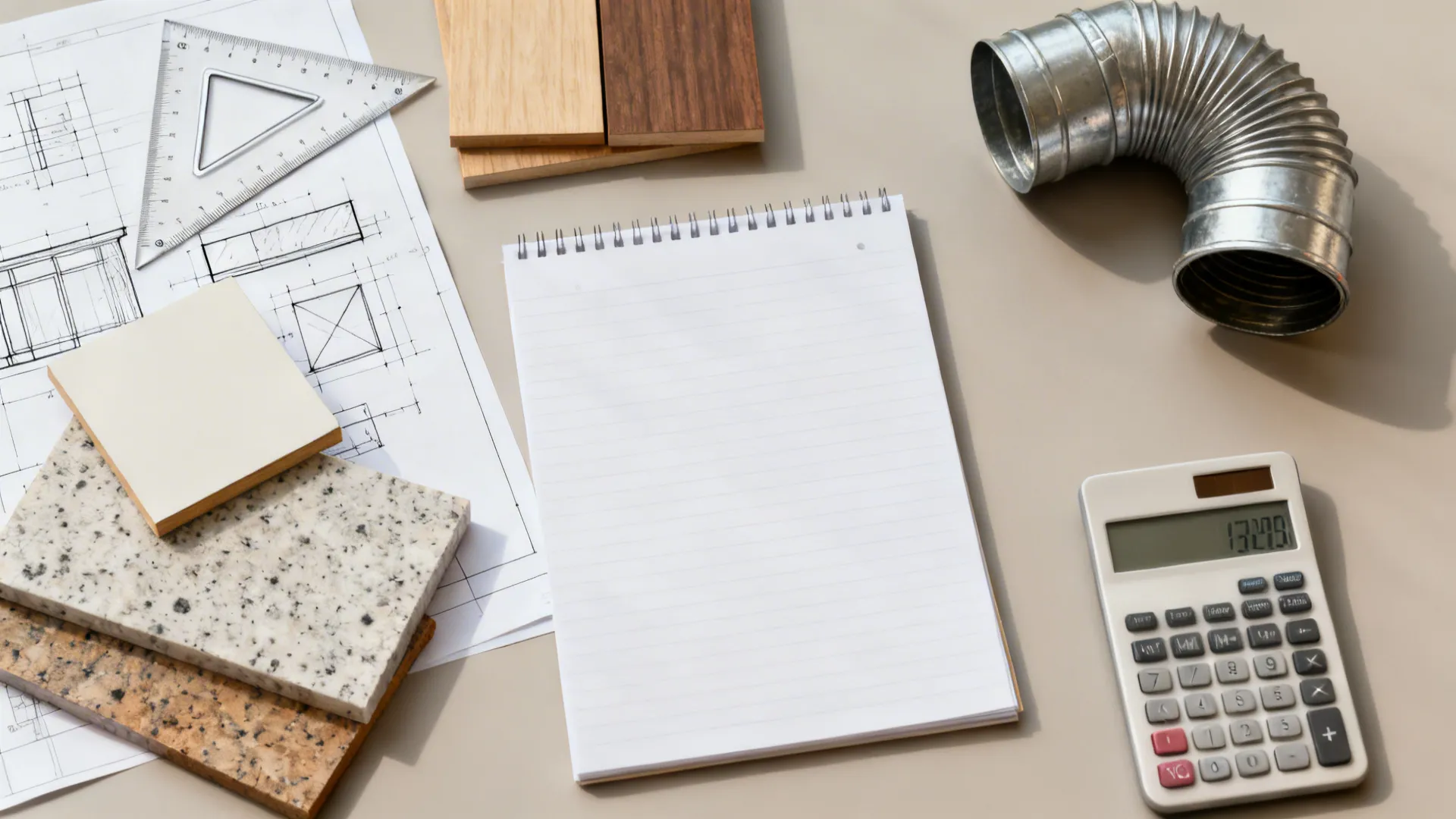 Flatlay with CAD tools, board and countertop samples, and a chimney duct elbow for kitchen FAQs.
