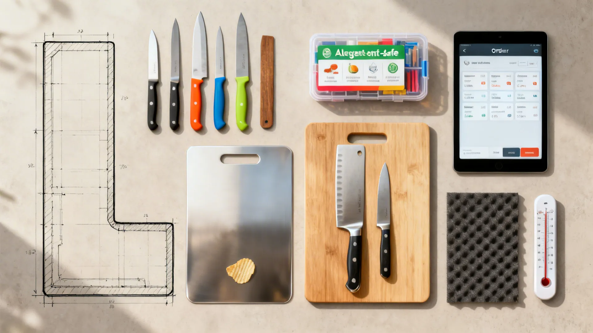 Flat lay of tools and samples representing key hospital diet kitchen FAQs.