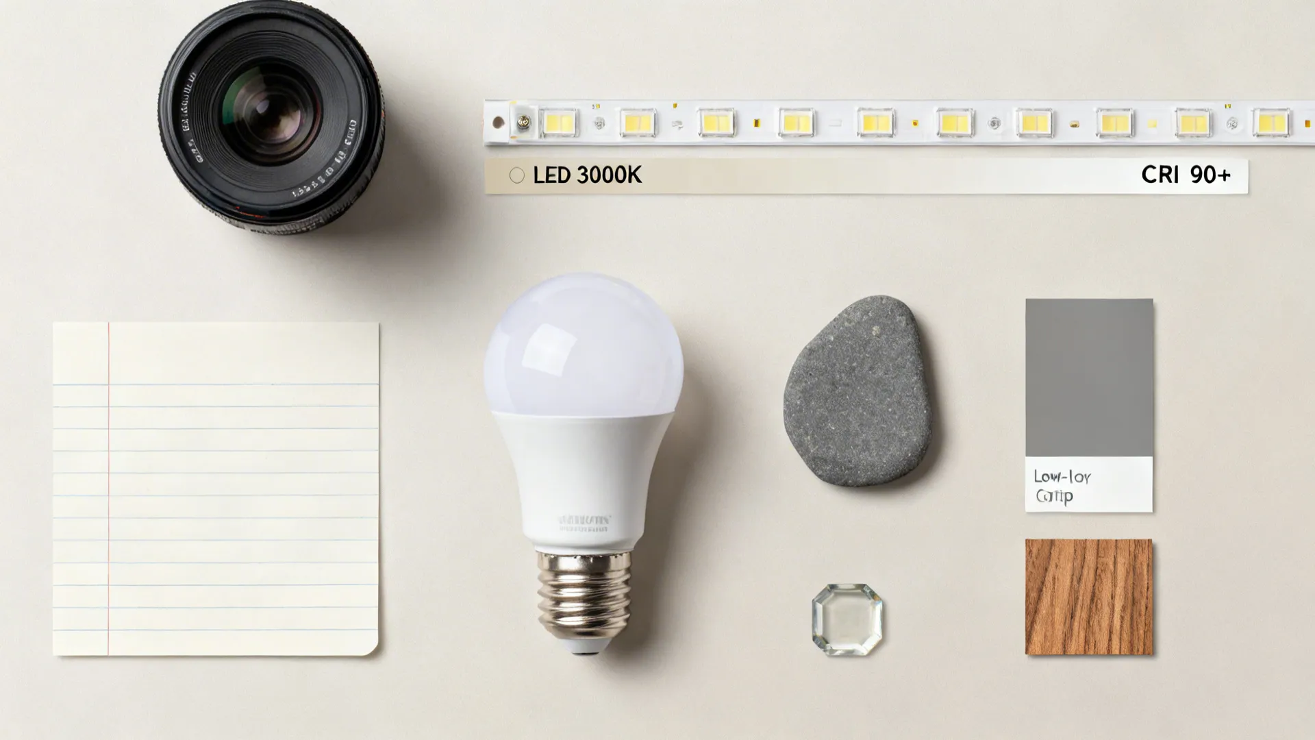 Flatlay of LED samples, matte stone, low-iron glass, wood veneer, and camera layout tools.