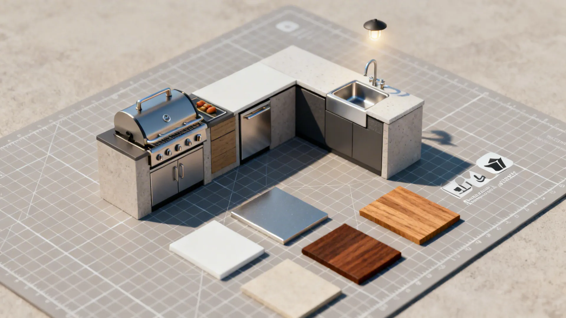 Flat lay of scaled modules and outdoor material swatches for planning an outdoor kitchen.