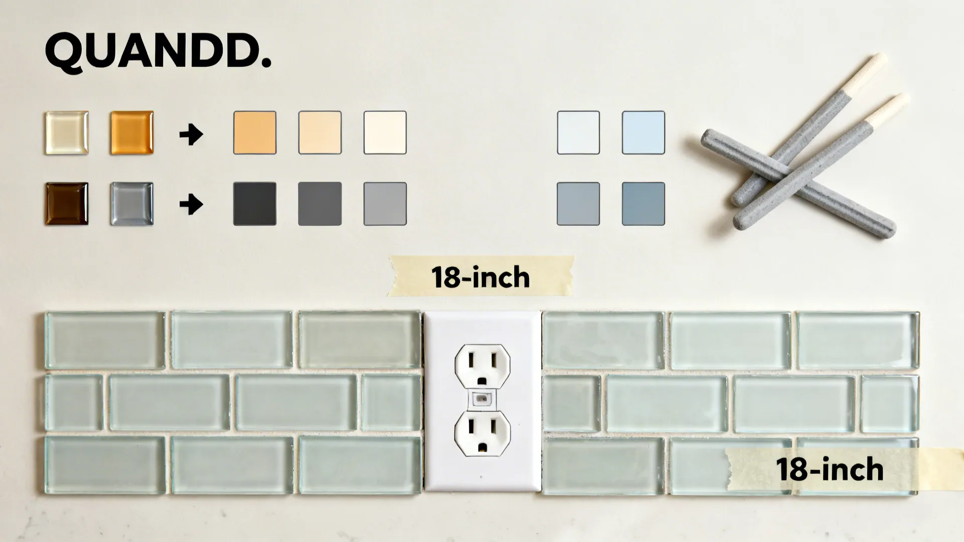 Top-down layout of glossy and matte glass tiles, grout sticks, lighting swatches, and outlet alignment cues.