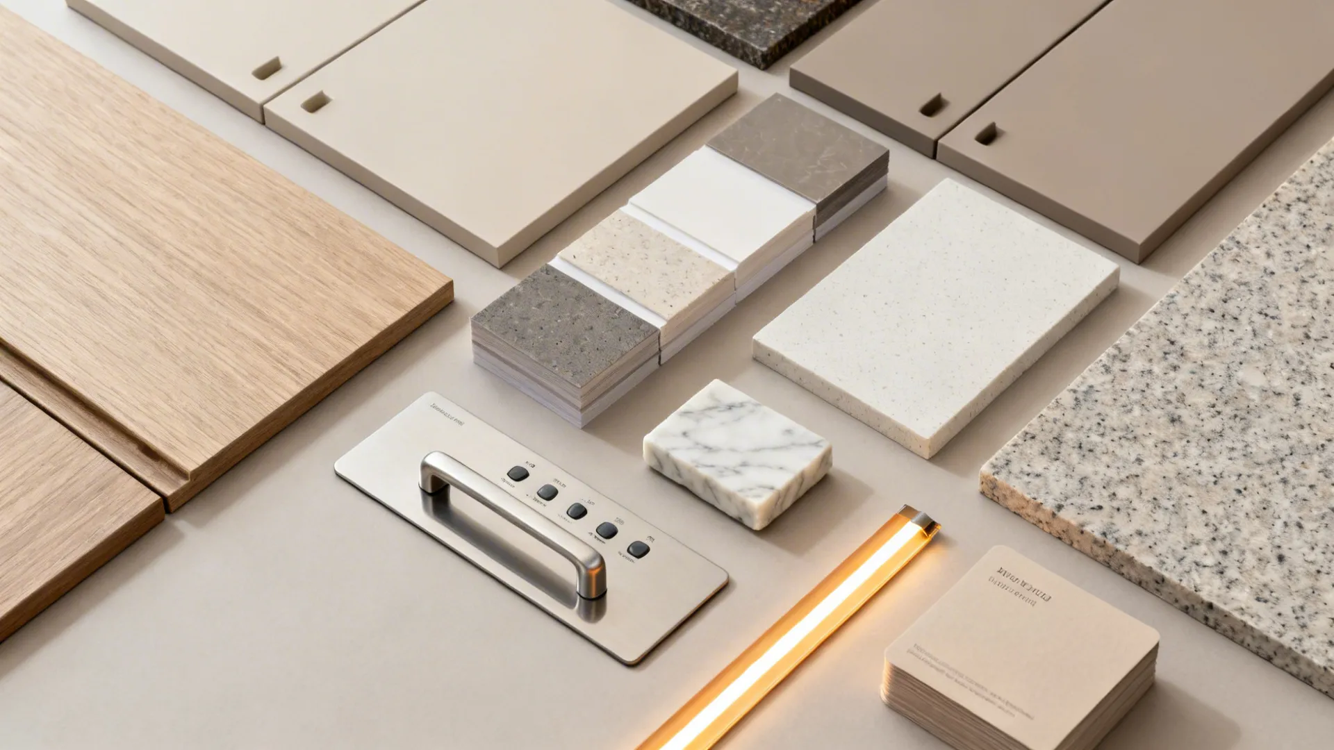 Various interior design material samples like wood, stone, tiles, metal handle, and a warm light
