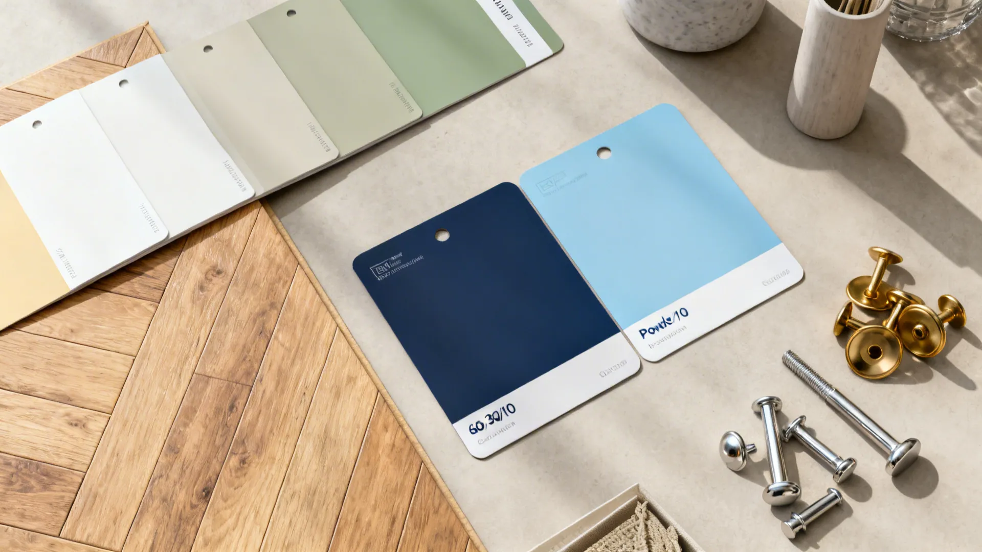 Flat lay of color cards with wood flooring samples and metal furniture pieces on the desk