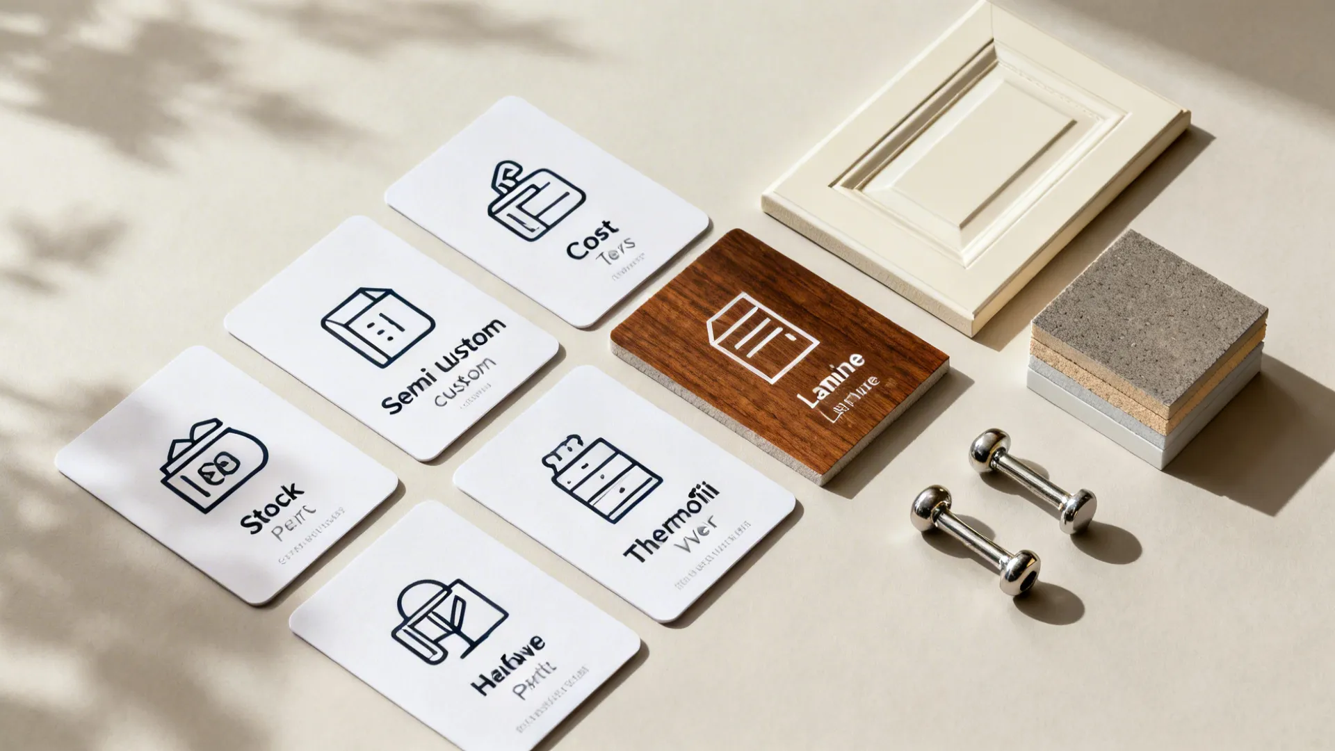 Flat lay of cabinet samples and icon cards for cost tiers, finishes, and hardware priorities.