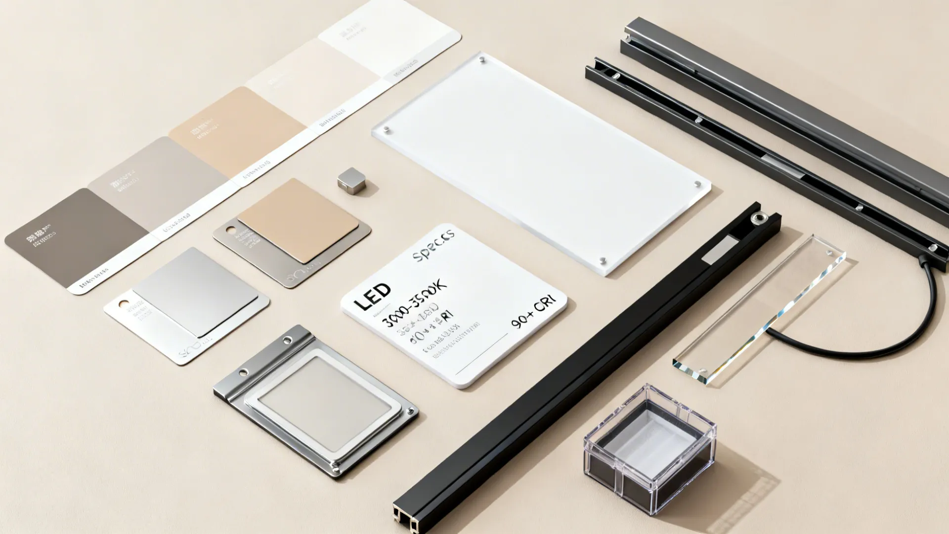 Flat lay of lighting design materials including color swatches LED panels and black metal tracks