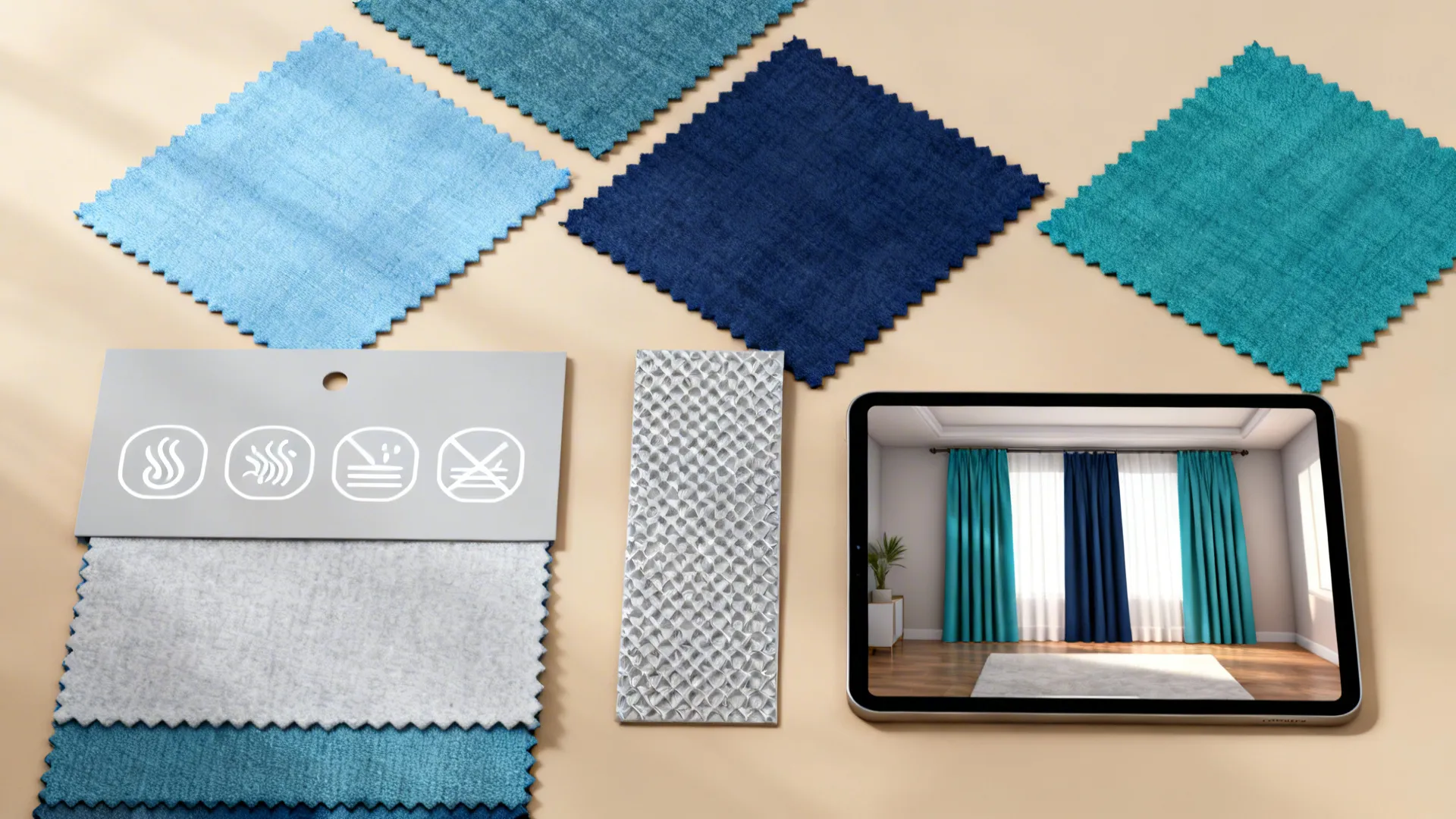 Flatlay showing blue fabric swatches, cleaning care icons, and a tablet with a 3D room mockup.