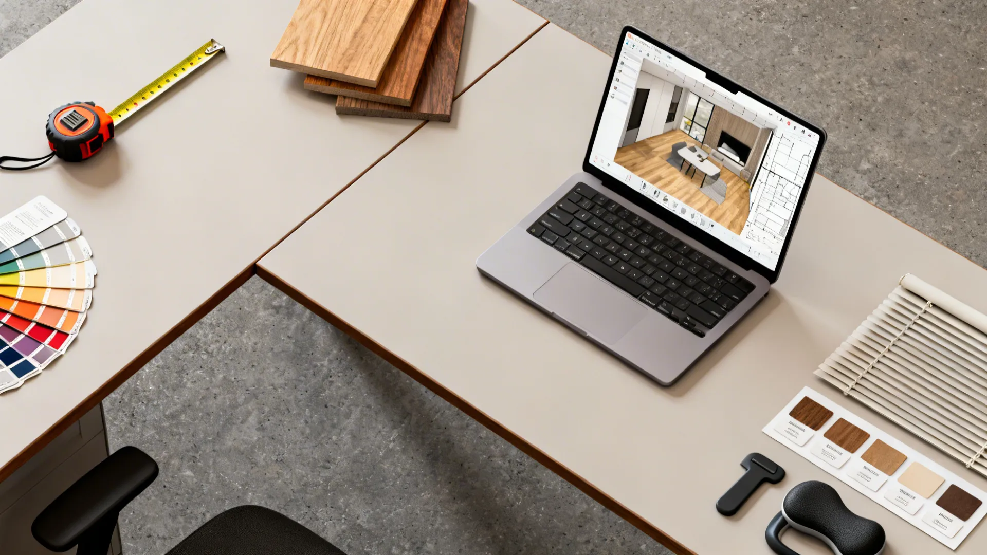 Top-down flatlay of planning tools: tape measure, wood swatches, color cards, and a laptop with a 3D planner.