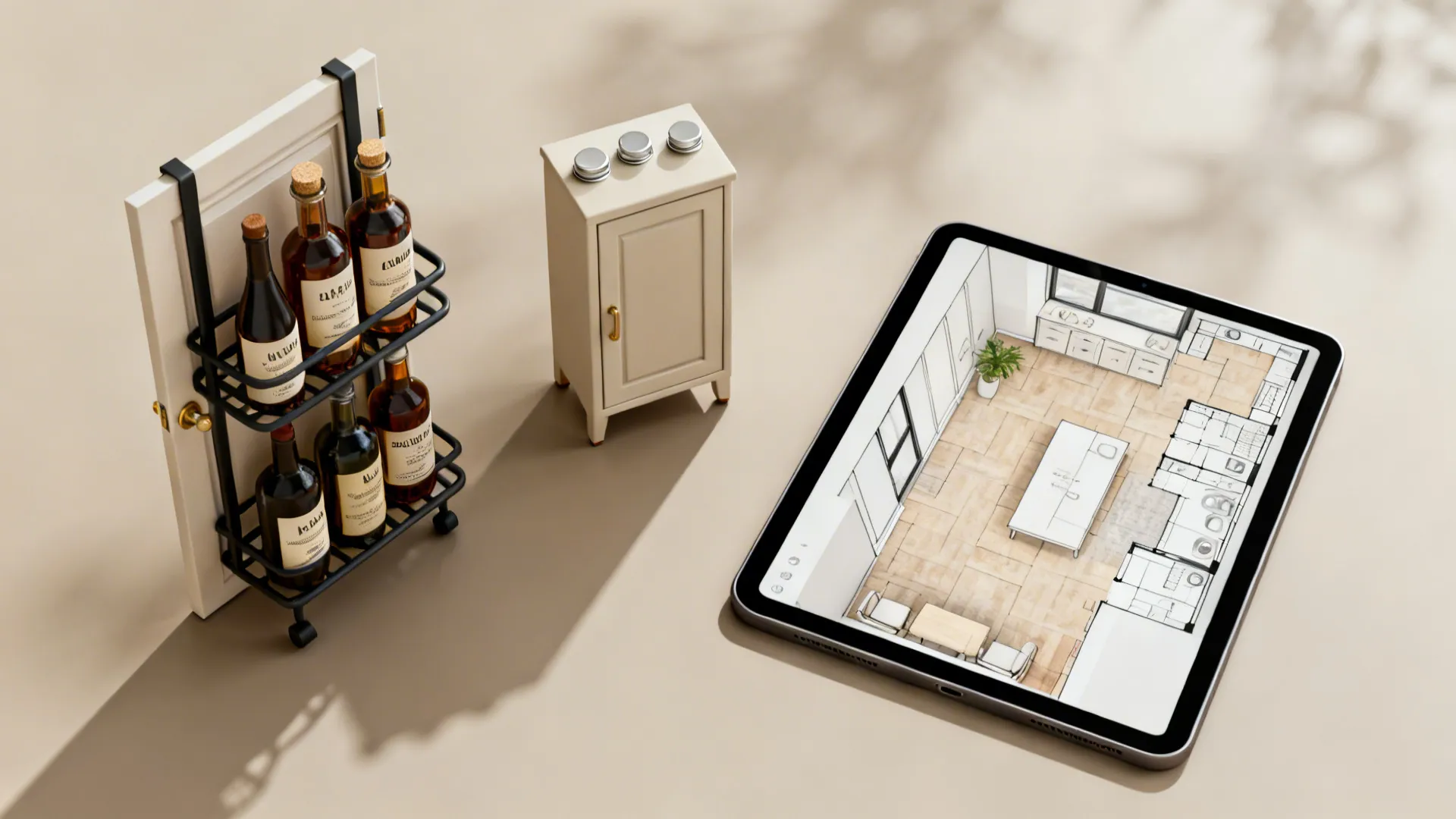 Flatlay showing over-the-door rack sample, compact cabinet, open bottles and a tablet with a 3D floor planner.