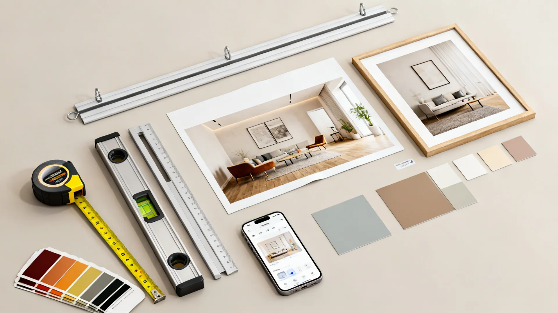 Flatlay of gallery wall planning tools including tape measure, painter's tape, and a phone with a room planner app.