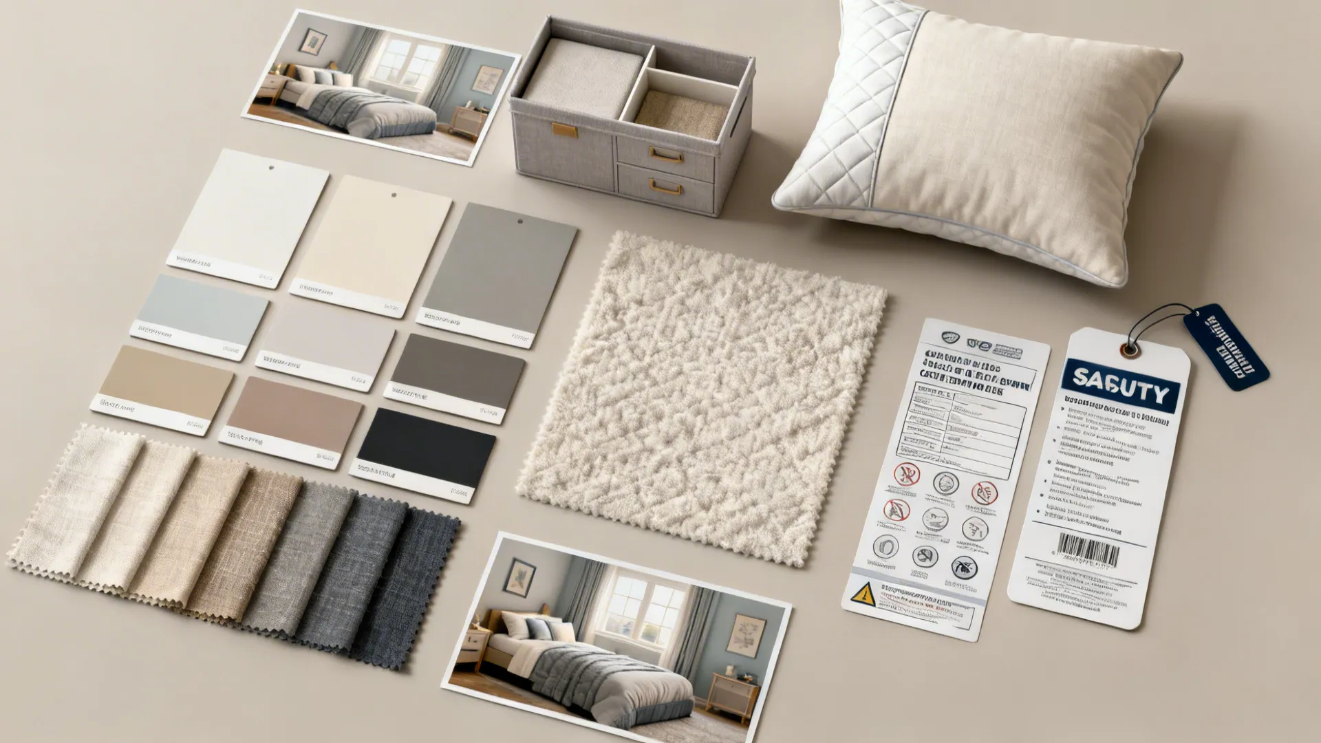Flatlay of paint chips, fabric swatches, storage samples and mattress safety reference materials.
