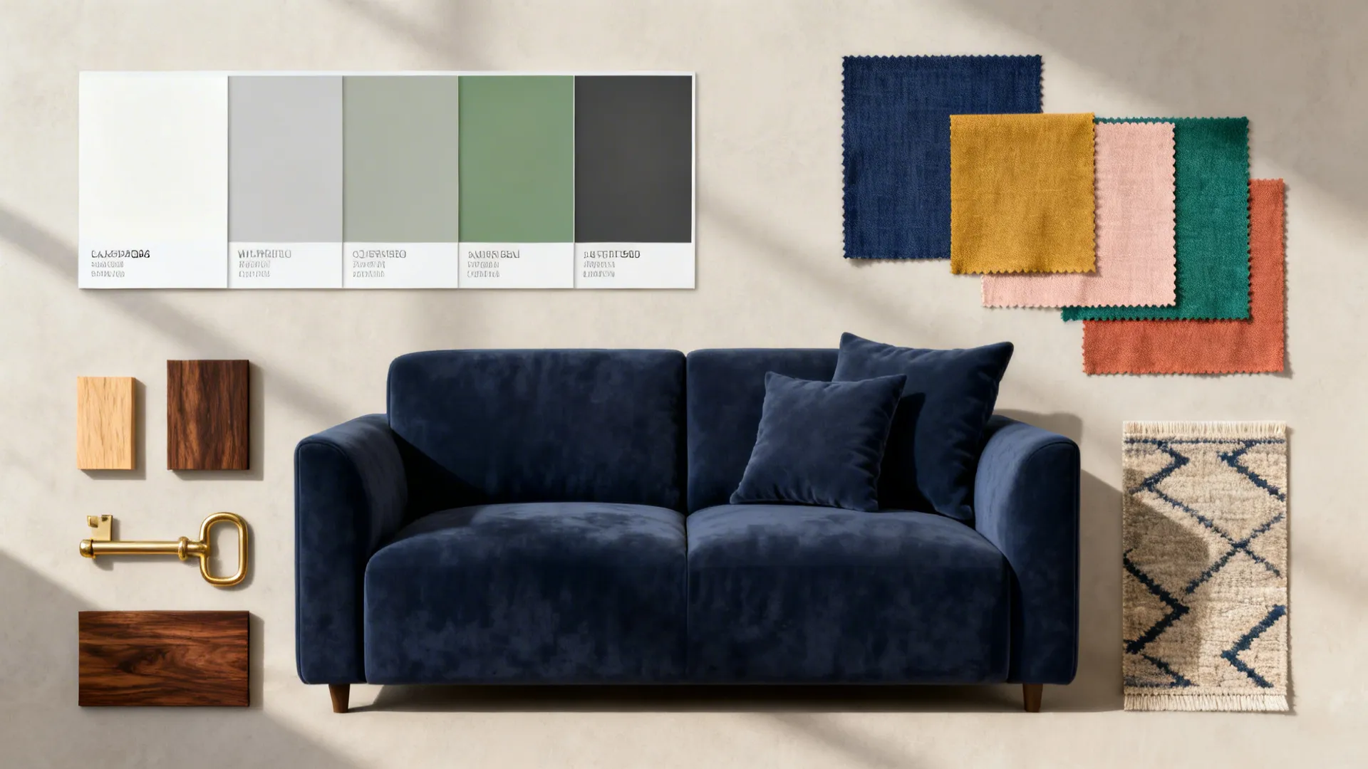 Flatlay of paint and fabric swatches for styling a navy couch, including accent colors and wood samples.